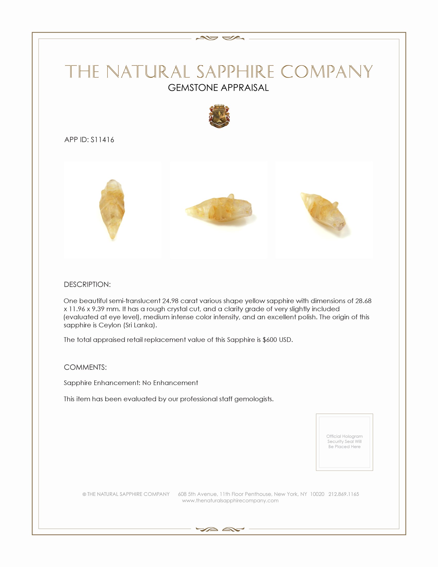 24.98 Ct. Yellow Sapphire Crystal from Ceylon (Sri Lanka)