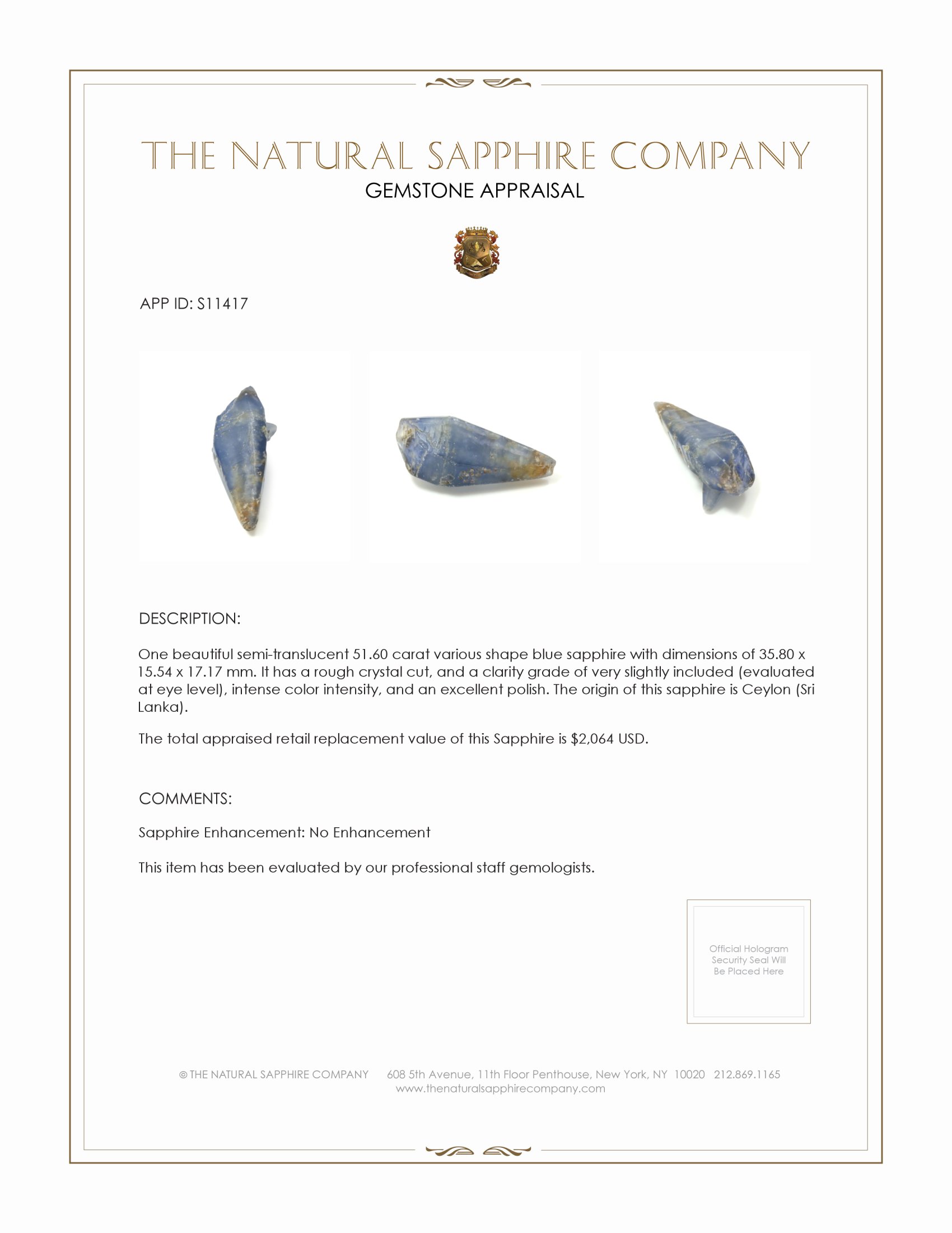 51.60 Ct. Blue Sapphire Crystal from Ceylon (Sri Lanka)