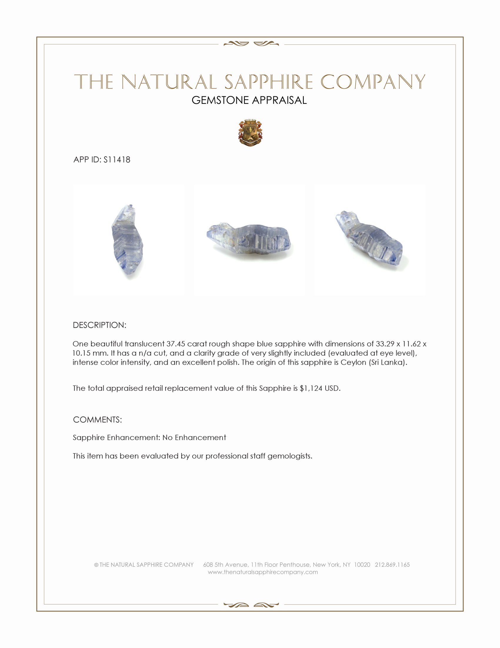 37.45 Ct. Blue Rough Sapphire from Ceylon (Sri Lanka)