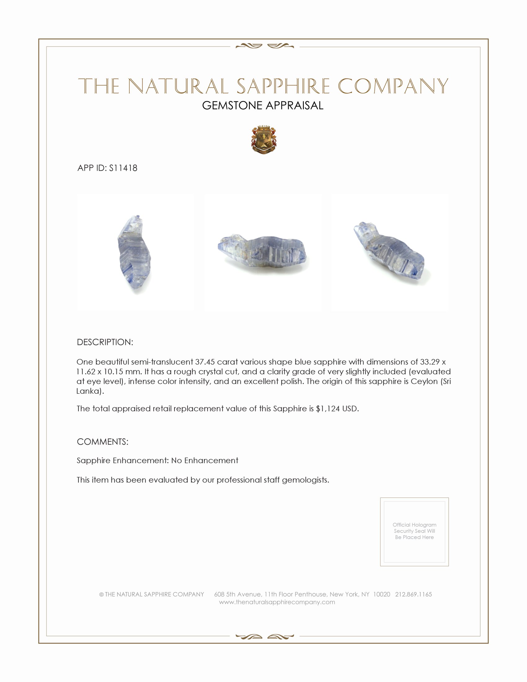 37.45 Ct. Blue Sapphire Crystal from Ceylon (Sri Lanka)