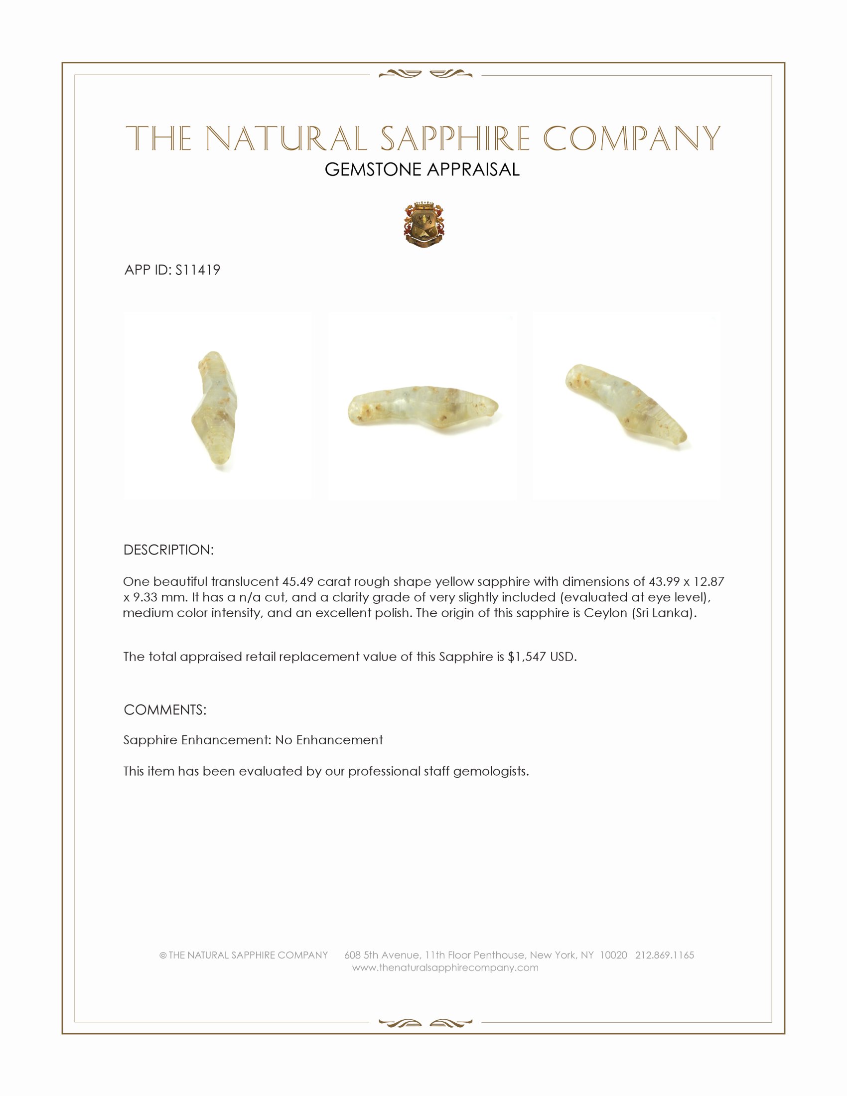 45.49 Ct. Yellow Rough Sapphire from Ceylon (Sri Lanka)