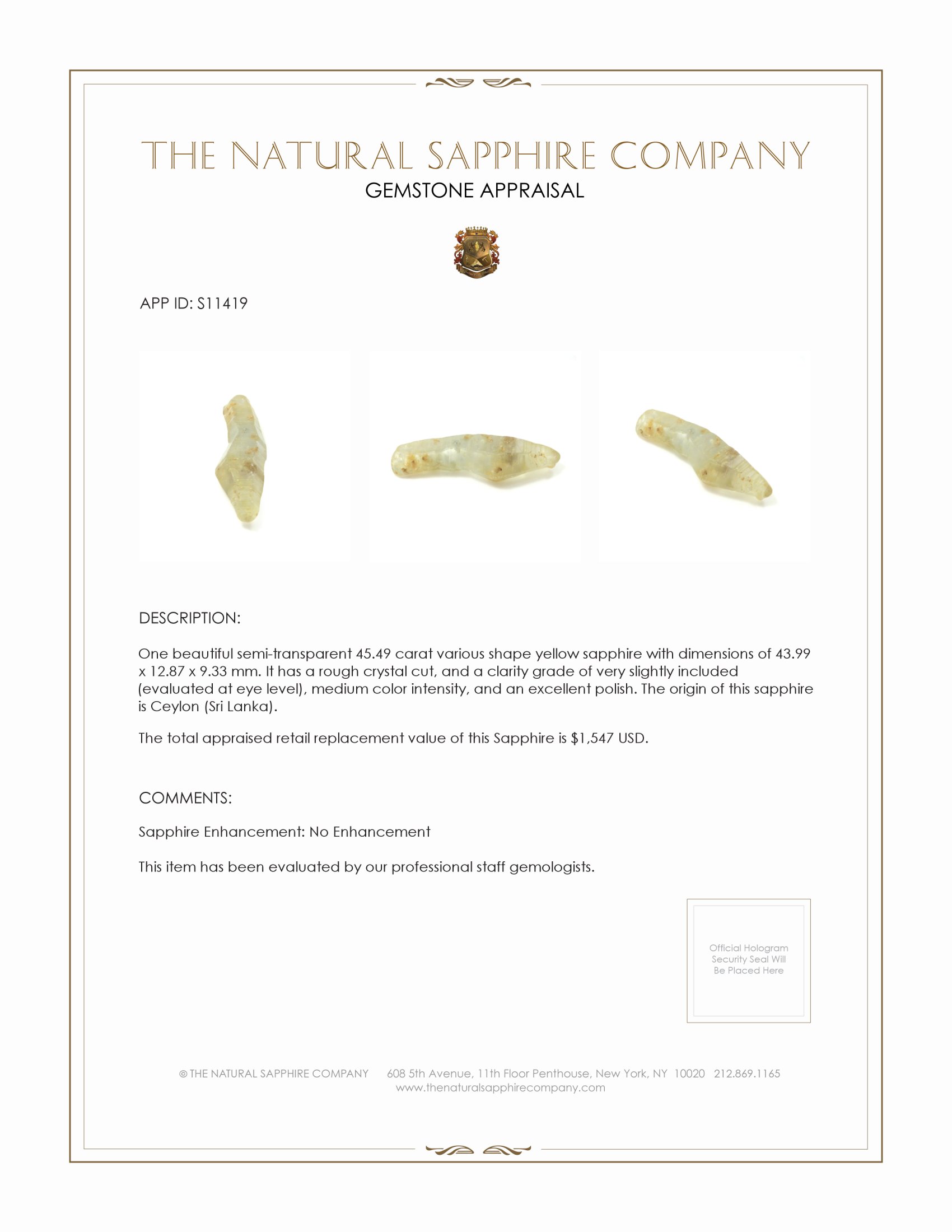 45.49 Ct. Yellow Sapphire Crystal from Ceylon (Sri Lanka)