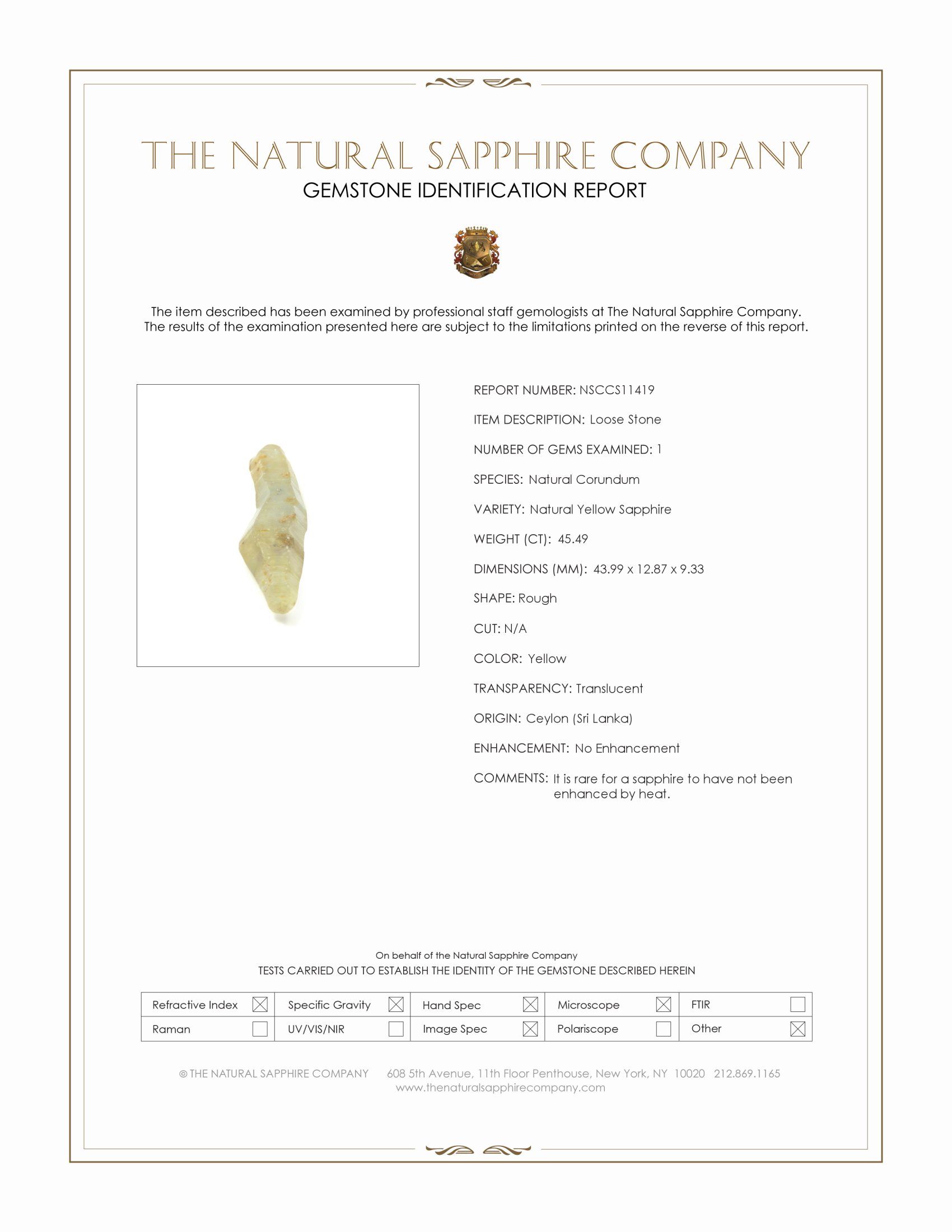 45.49 Ct. Yellow Rough Sapphire from Ceylon (Sri Lanka)