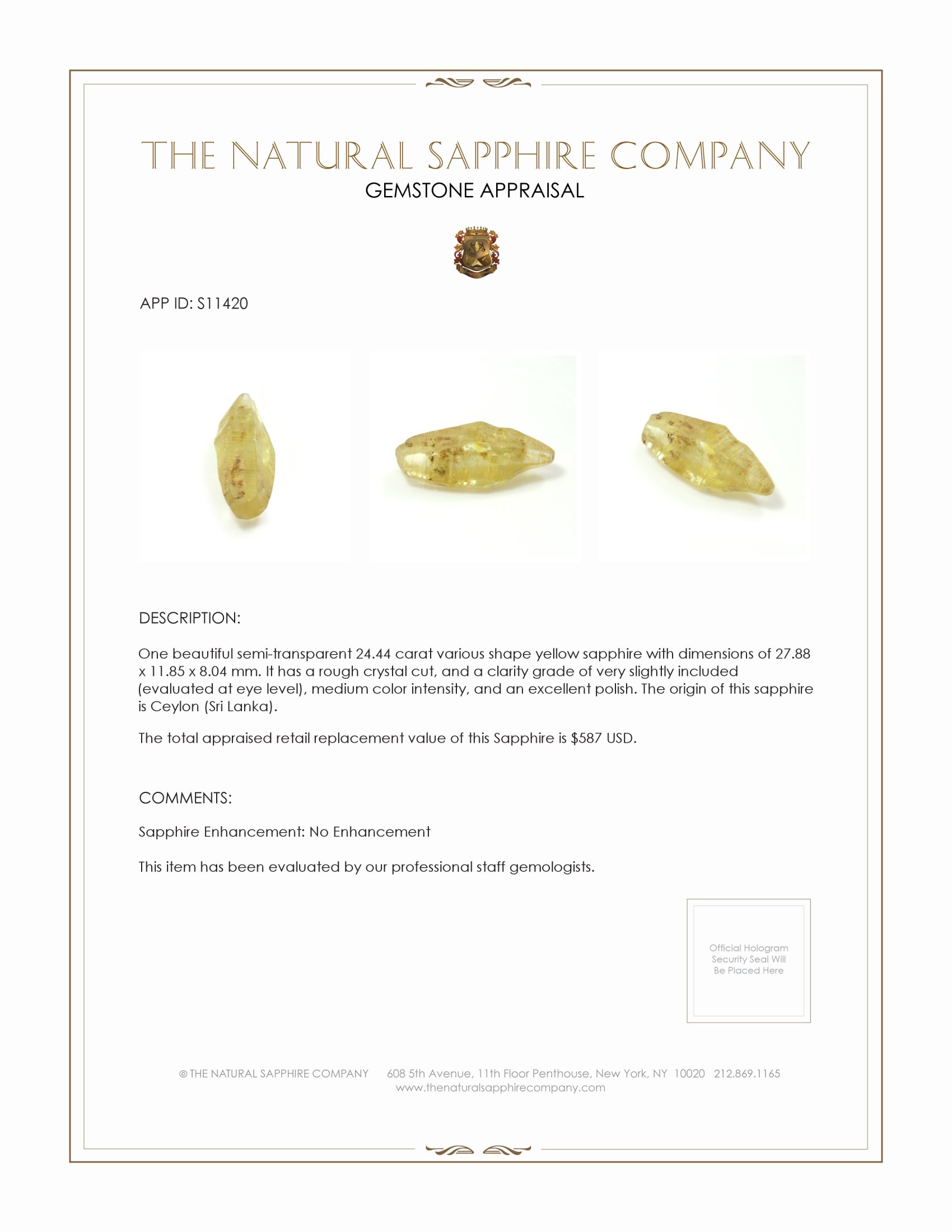 24.44 Ct. Yellow Sapphire Crystal from Ceylon (Sri Lanka)