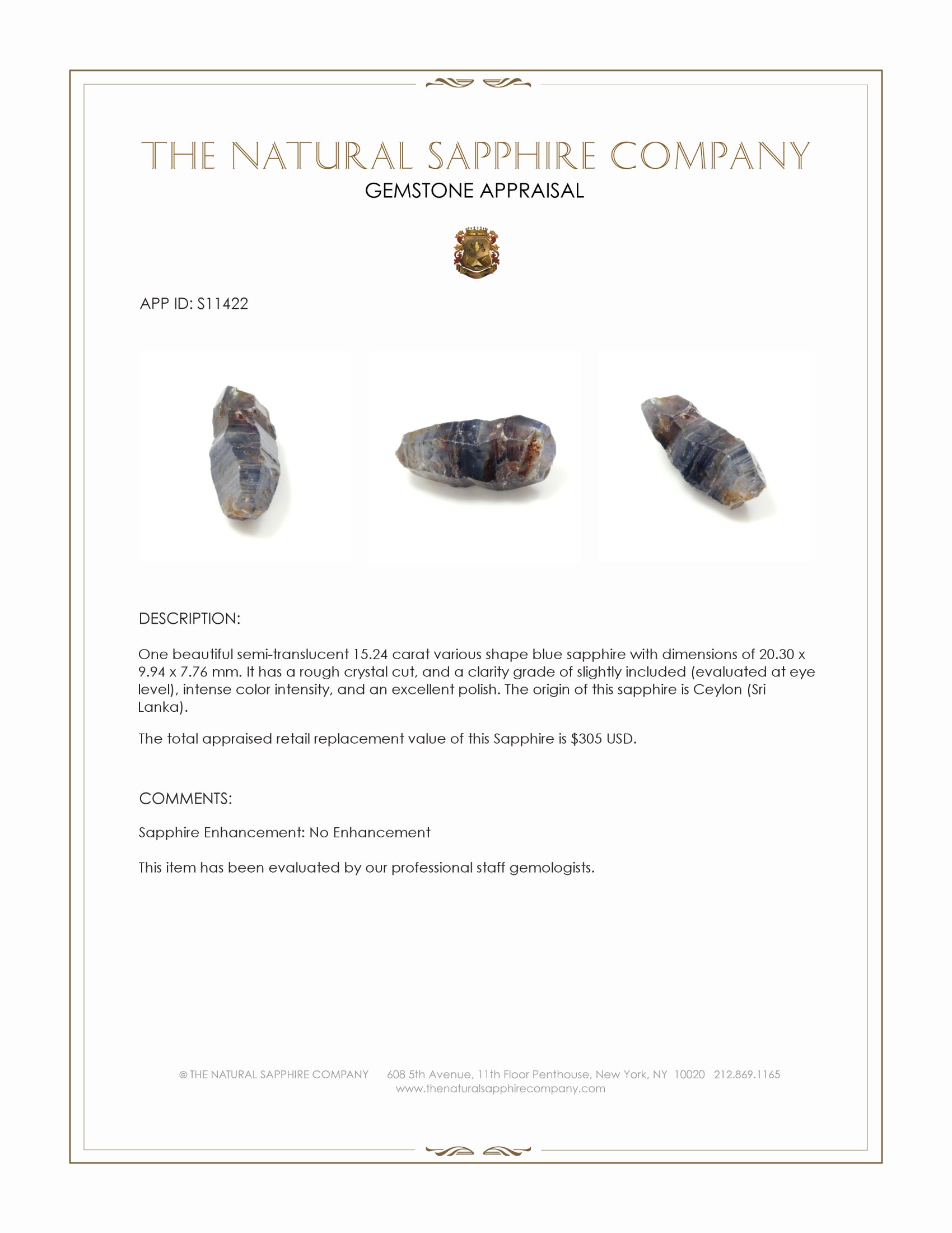 15.24 Ct. Blue Sapphire Crystal from Ceylon (Sri Lanka)