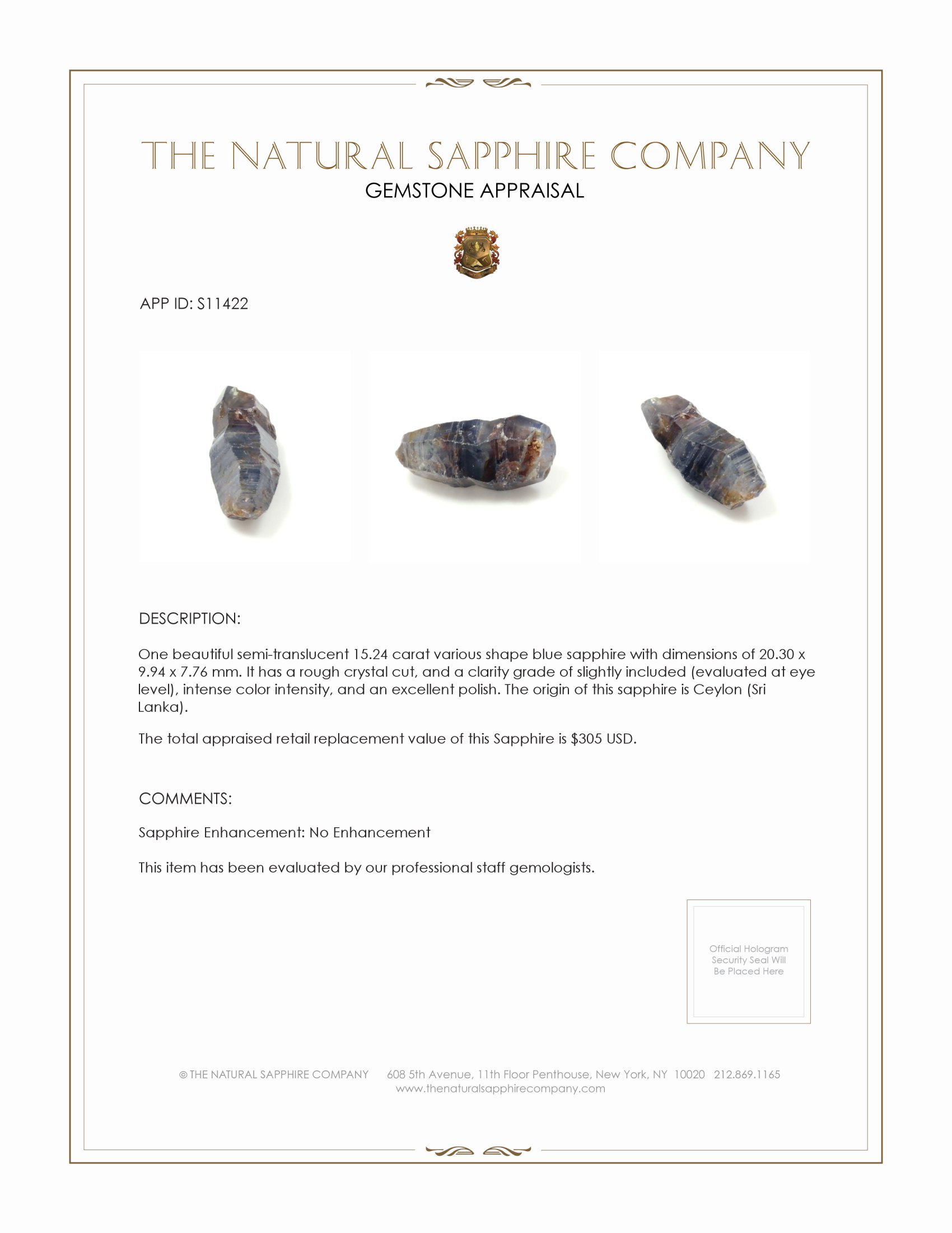 15.24 Ct. Blue Sapphire Crystal from Ceylon (Sri Lanka)