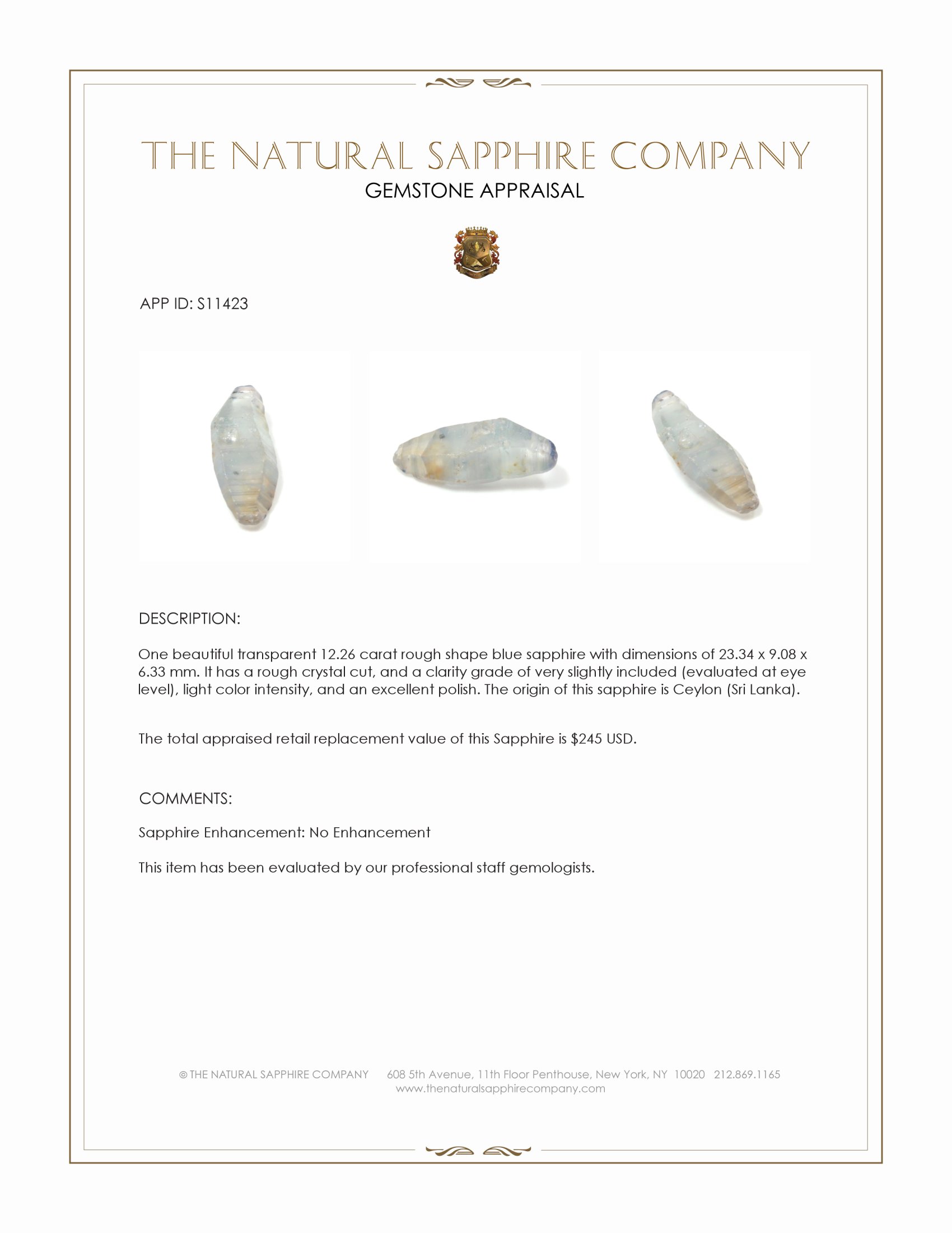 12.26 Ct. Blue Rough Sapphire Crystal from Ceylon (Sri Lanka)