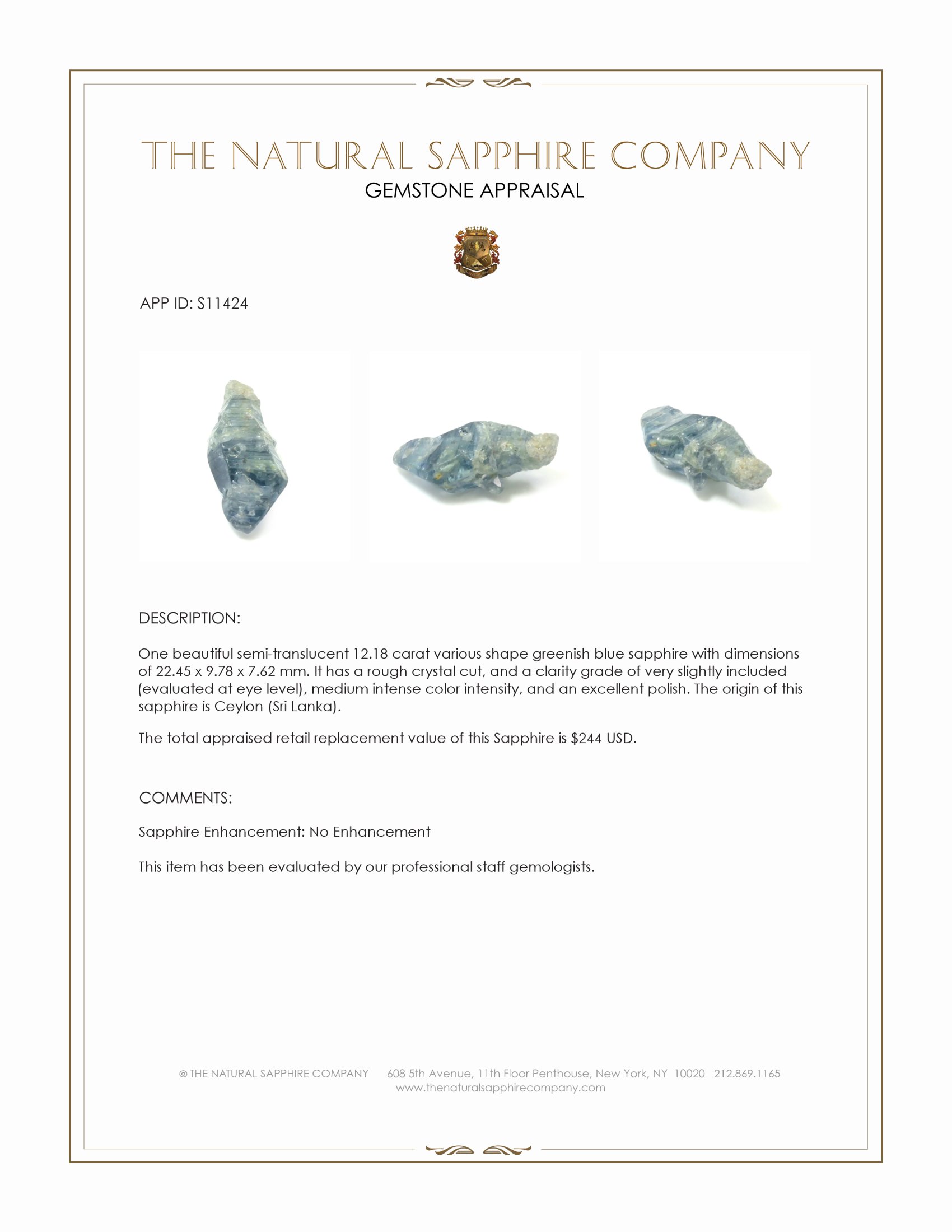 12.18 Ct. Greenish Blue Sapphire Crystal from Ceylon (Sri Lanka)