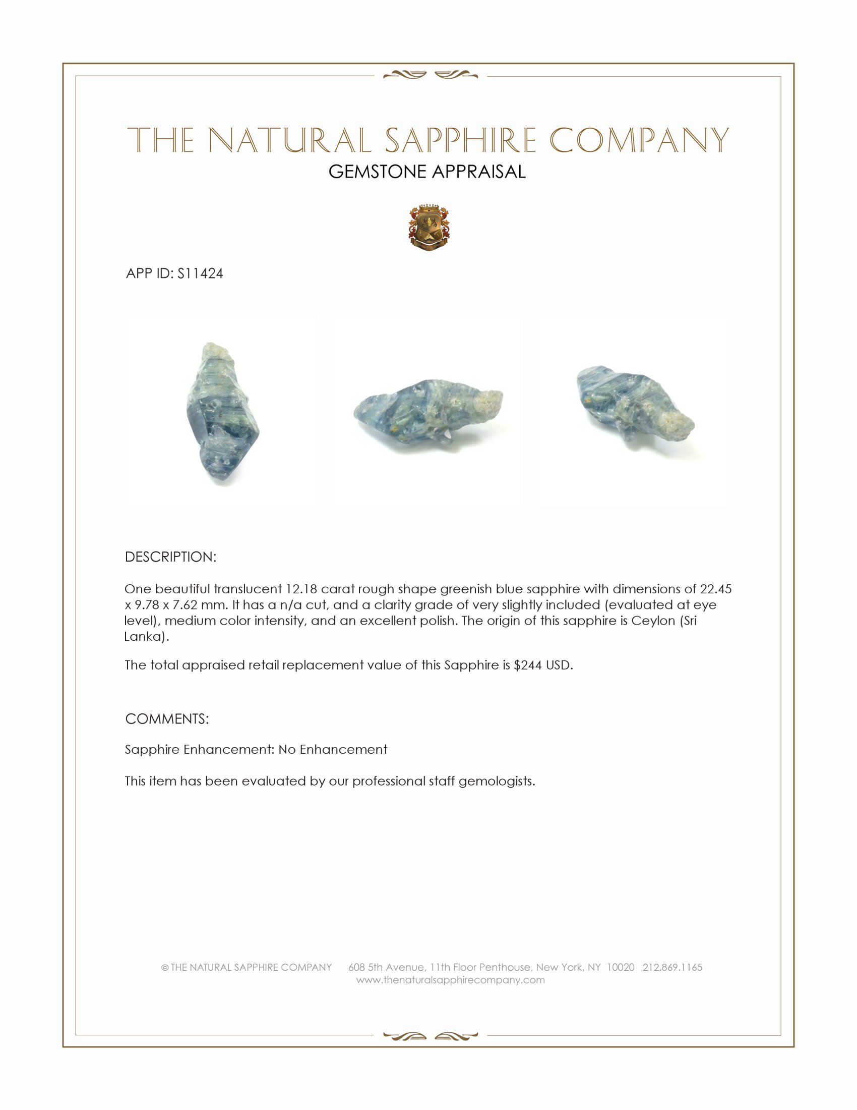 12.18 Ct. Greenish Blue Rough Sapphire from Ceylon (Sri Lanka)