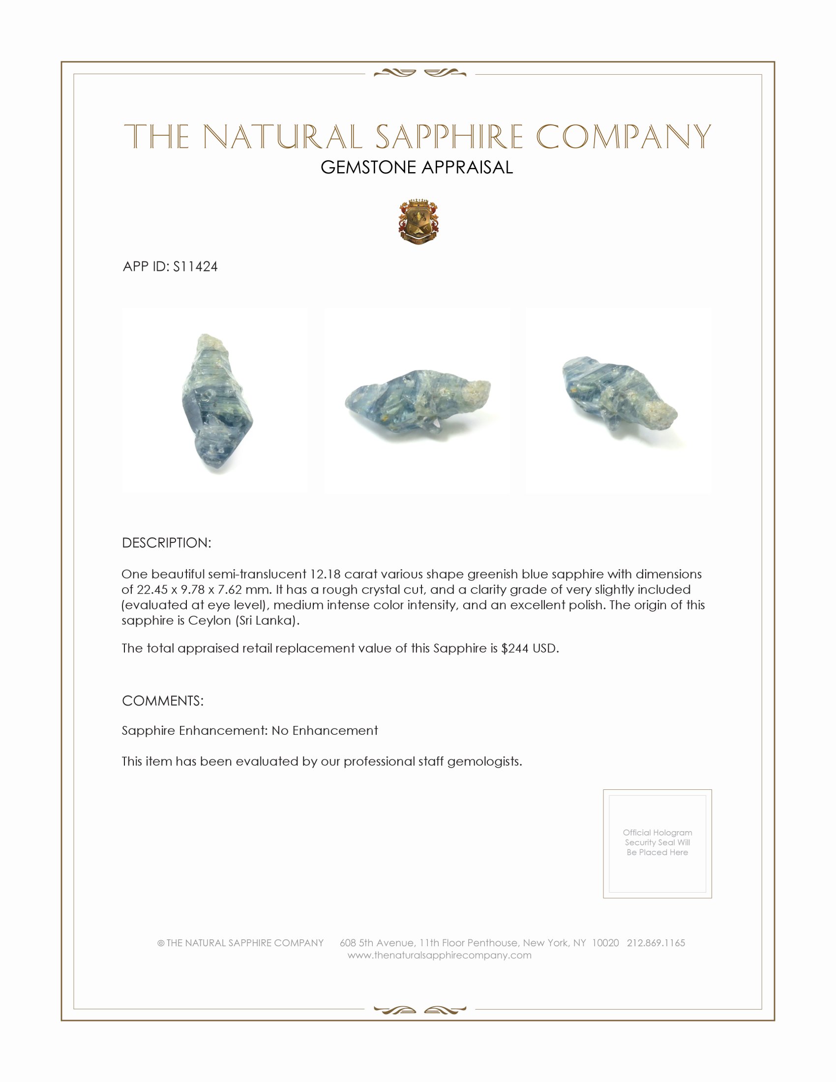 12.18 Ct. Greenish Blue Sapphire Crystal from Ceylon (Sri Lanka)