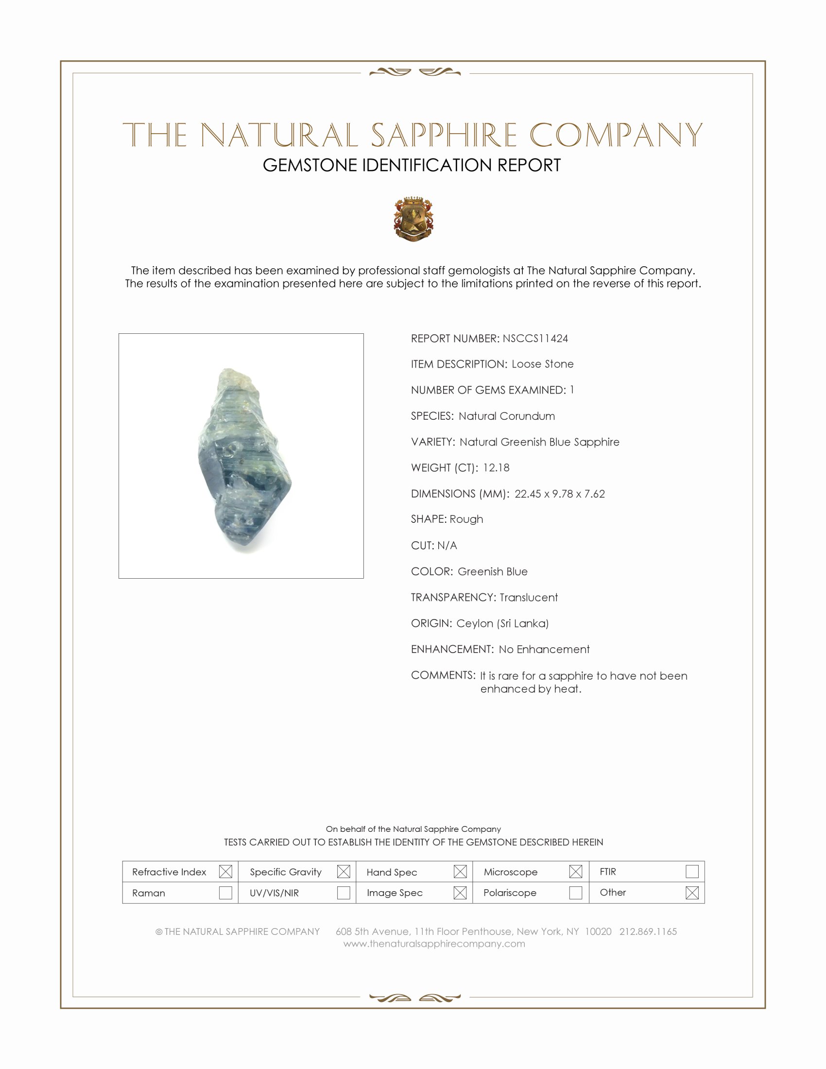 12.18 Ct. Greenish Blue Rough Sapphire from Ceylon (Sri Lanka)