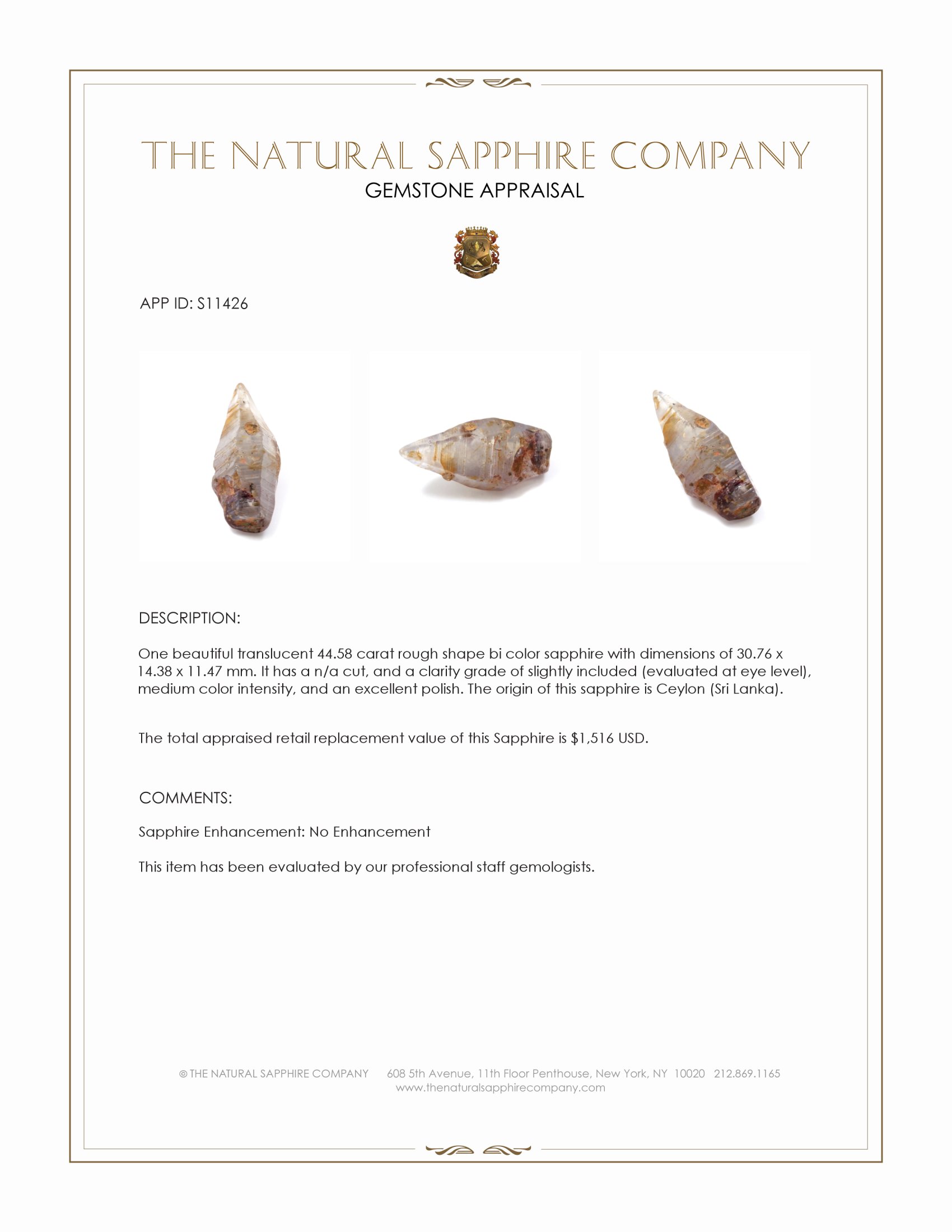 44.58 Ct. Bi Color Rough Sapphire from Ceylon (Sri Lanka)