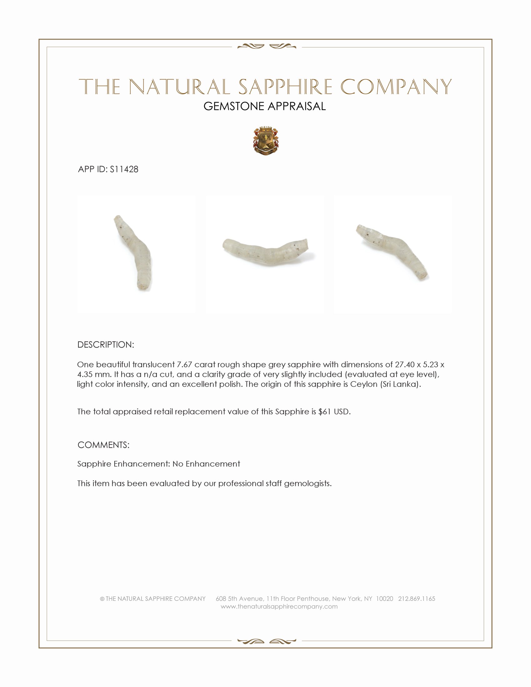 7.67 Ct. Grey Rough Sapphire from Ceylon (Sri Lanka)