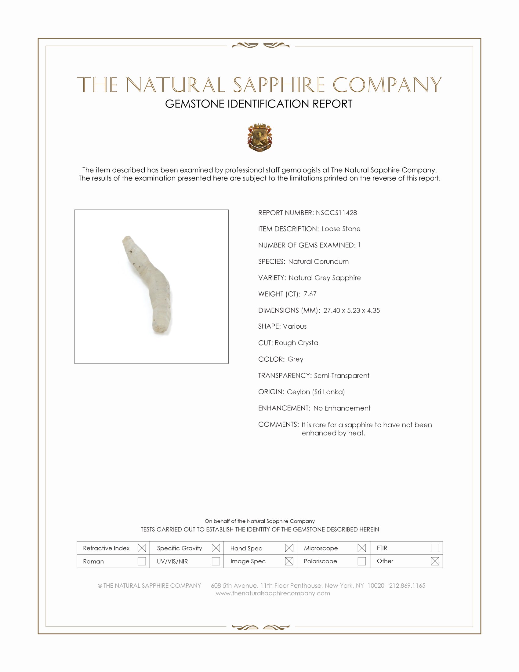 7.67 Ct. Grey Sapphire Crystal from Ceylon (Sri Lanka)