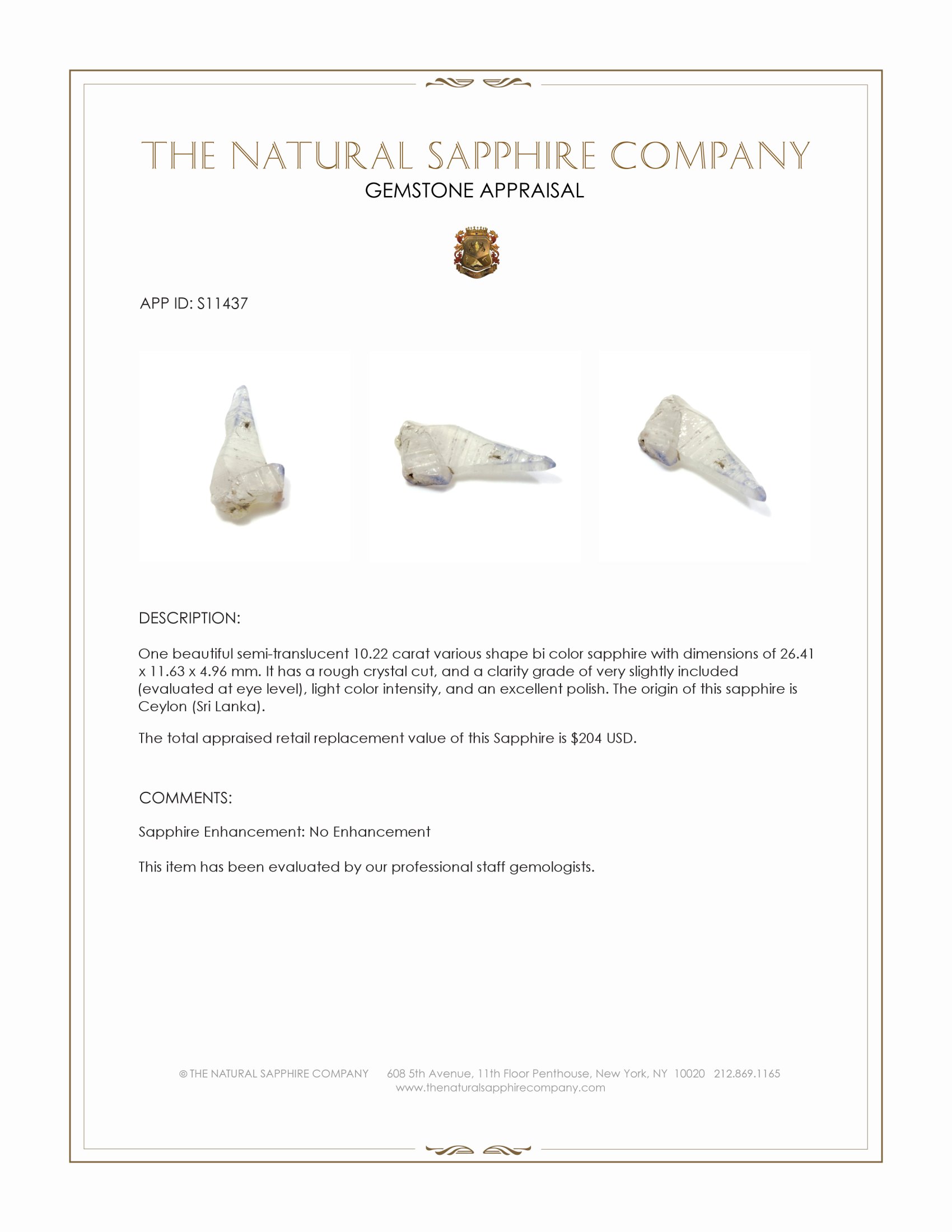 10.22 Ct. Bi Color Sapphire Crystal from Ceylon (Sri Lanka)