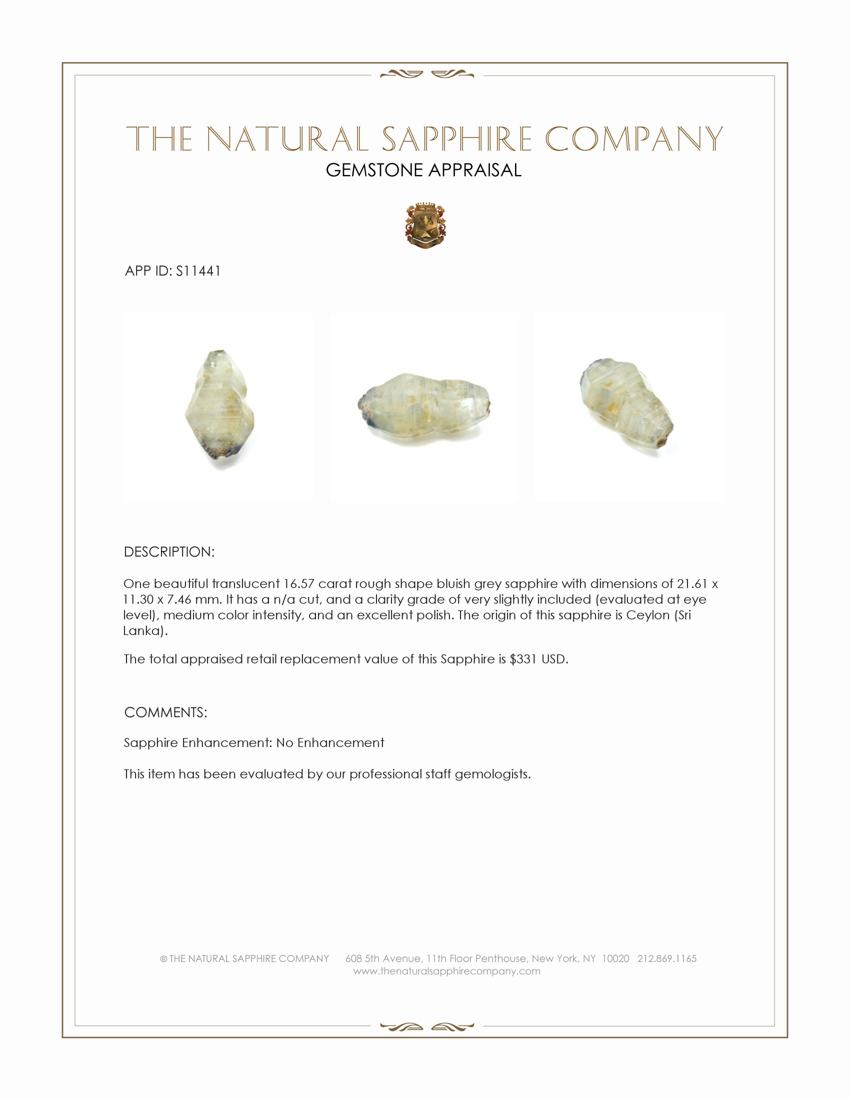 16.57 Ct. Bluish Grey Rough Sapphire from Ceylon (Sri Lanka)