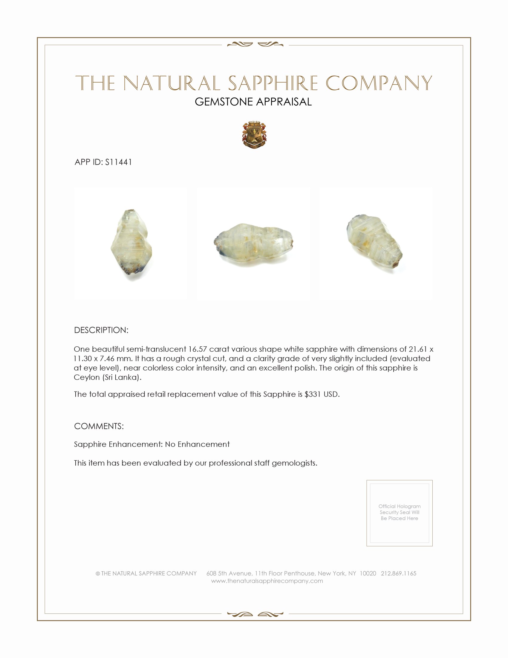 16.57 Ct. White Sapphire Crystal from Ceylon (Sri Lanka)