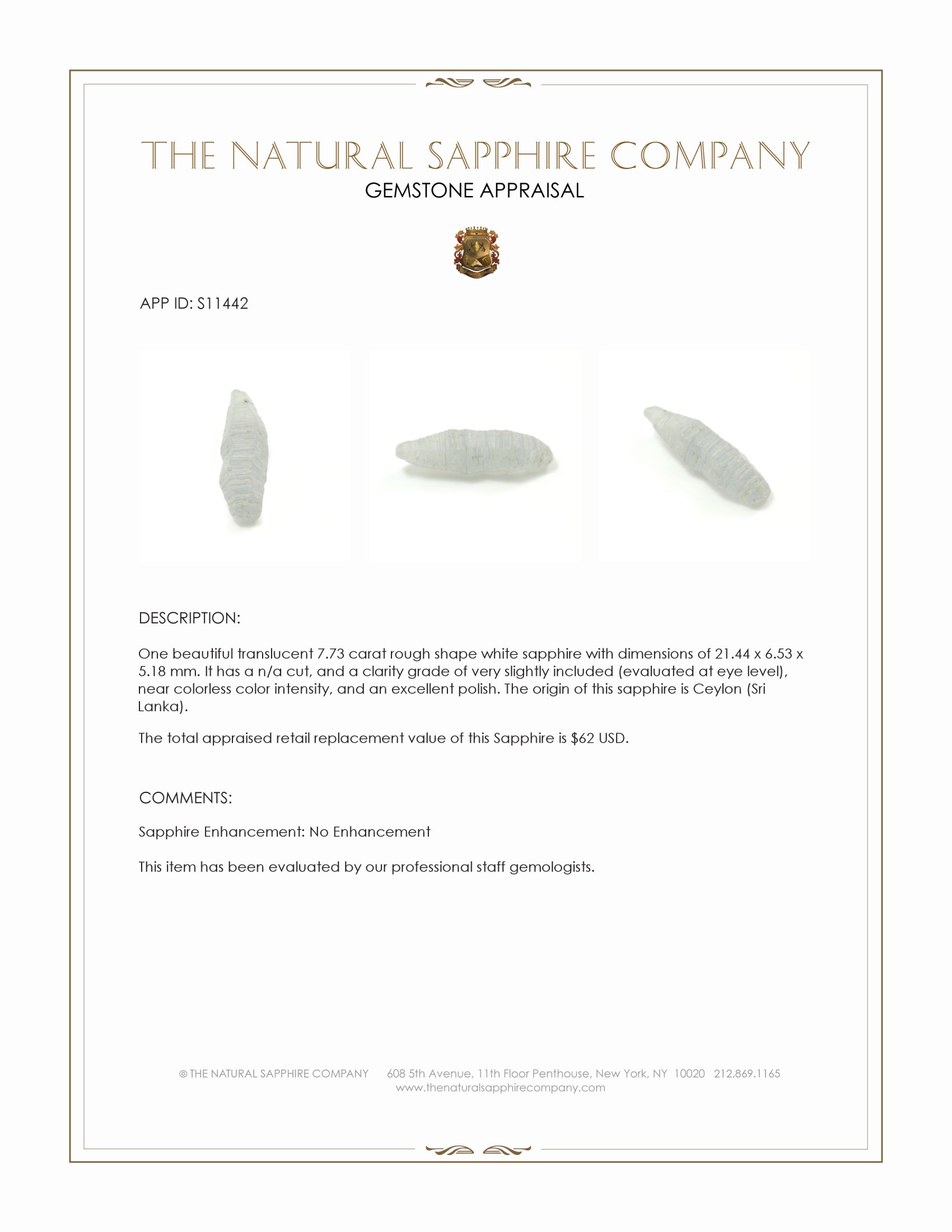 7.73 Ct. White Rough Sapphire from Ceylon (Sri Lanka)