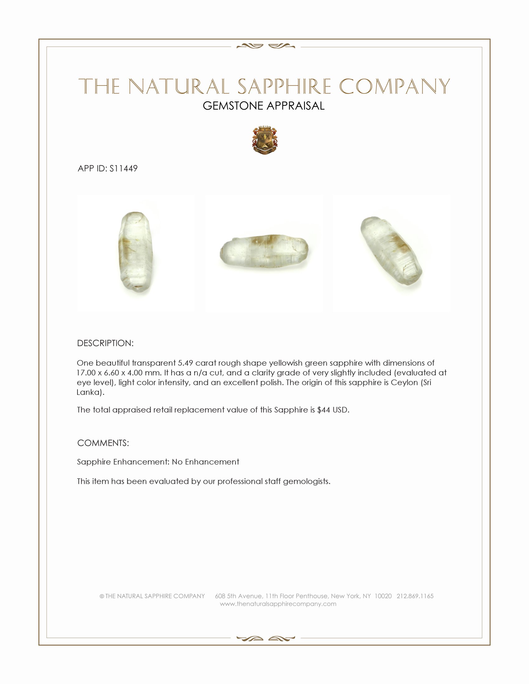 5.49 Ct. Yellowish Green Rough Sapphire from Ceylon (Sri Lanka)