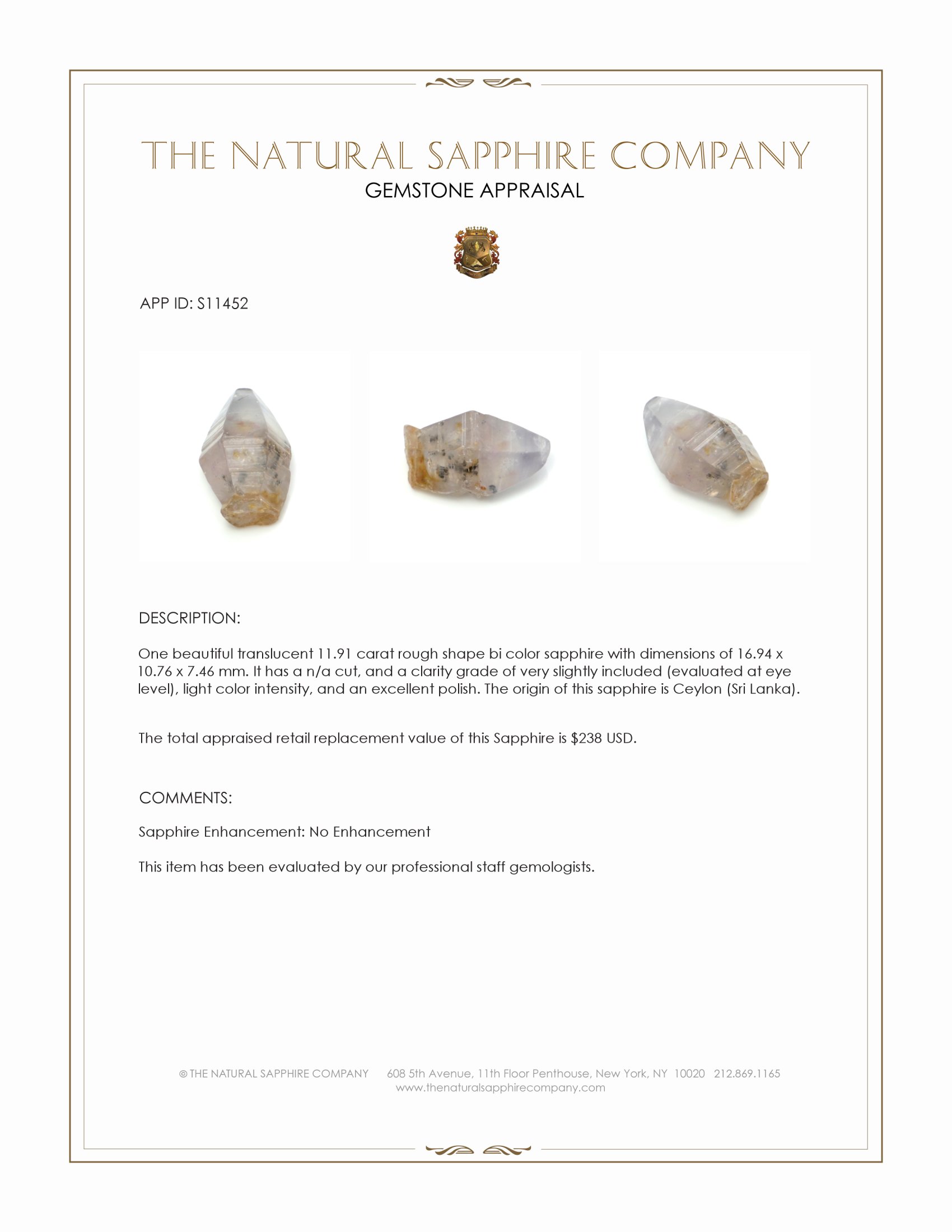 11.91 Ct. Bi Color Rough Sapphire from Ceylon (Sri Lanka)