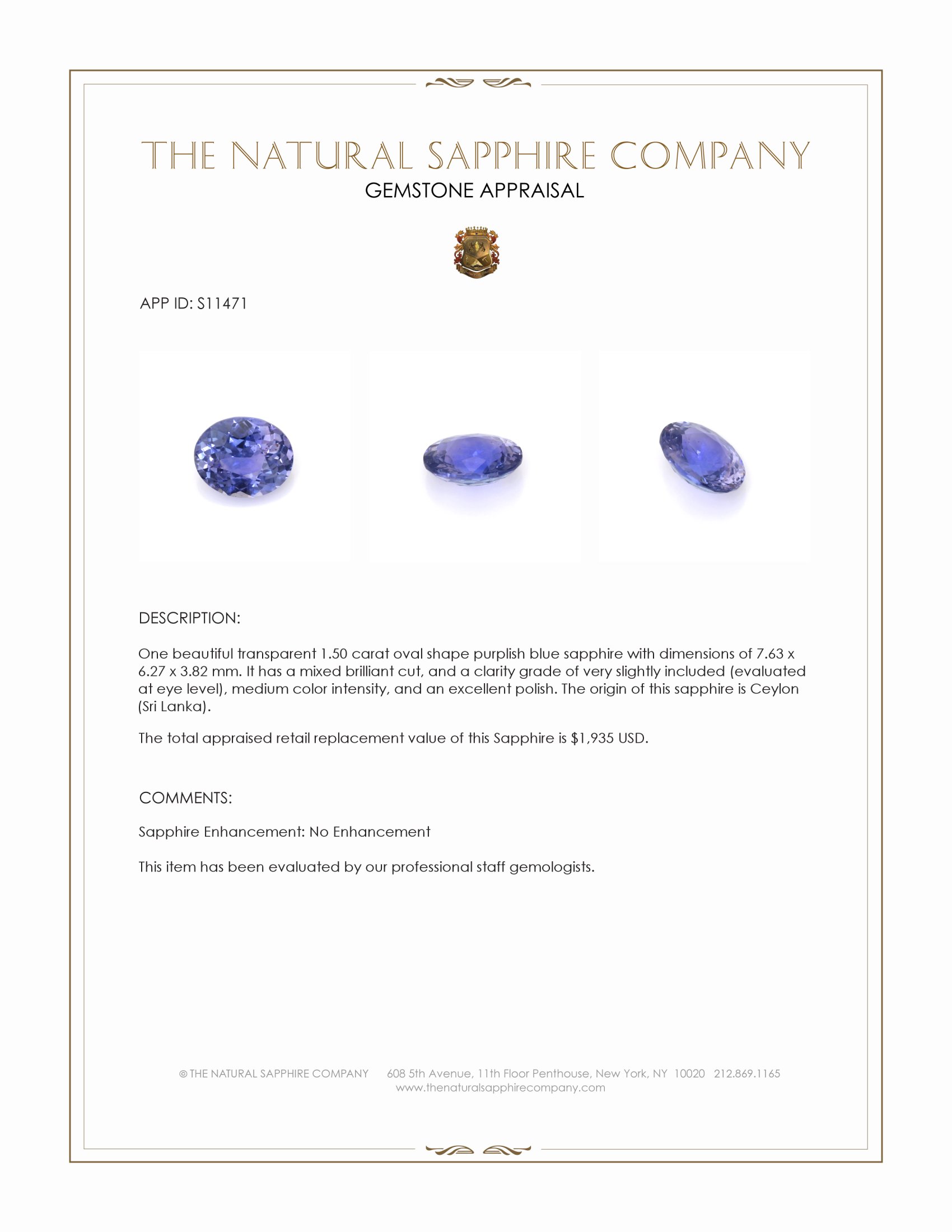 1.50 Ct. Purplish Blue Sapphire from Ceylon (Sri Lanka)