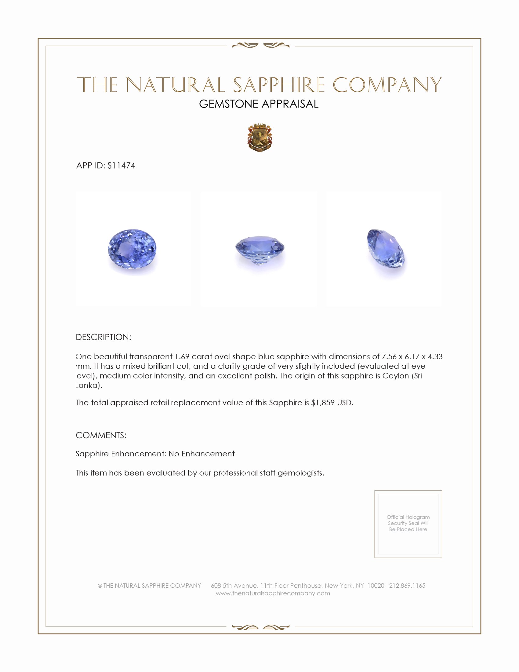 1.69 Ct. Blue Sapphire from Ceylon (Sri Lanka)