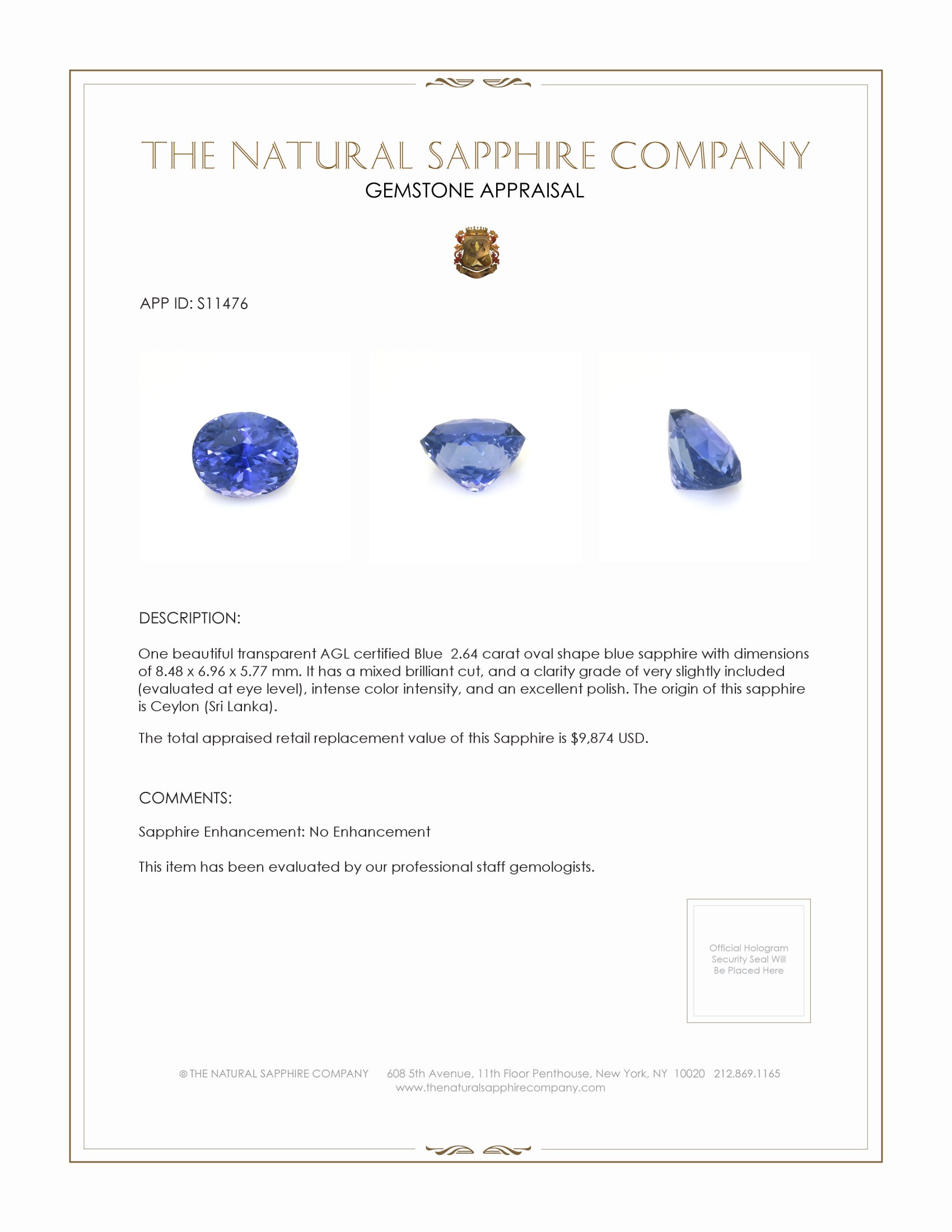 2.64 Ct. Blue Sapphire from Ceylon (Sri Lanka)