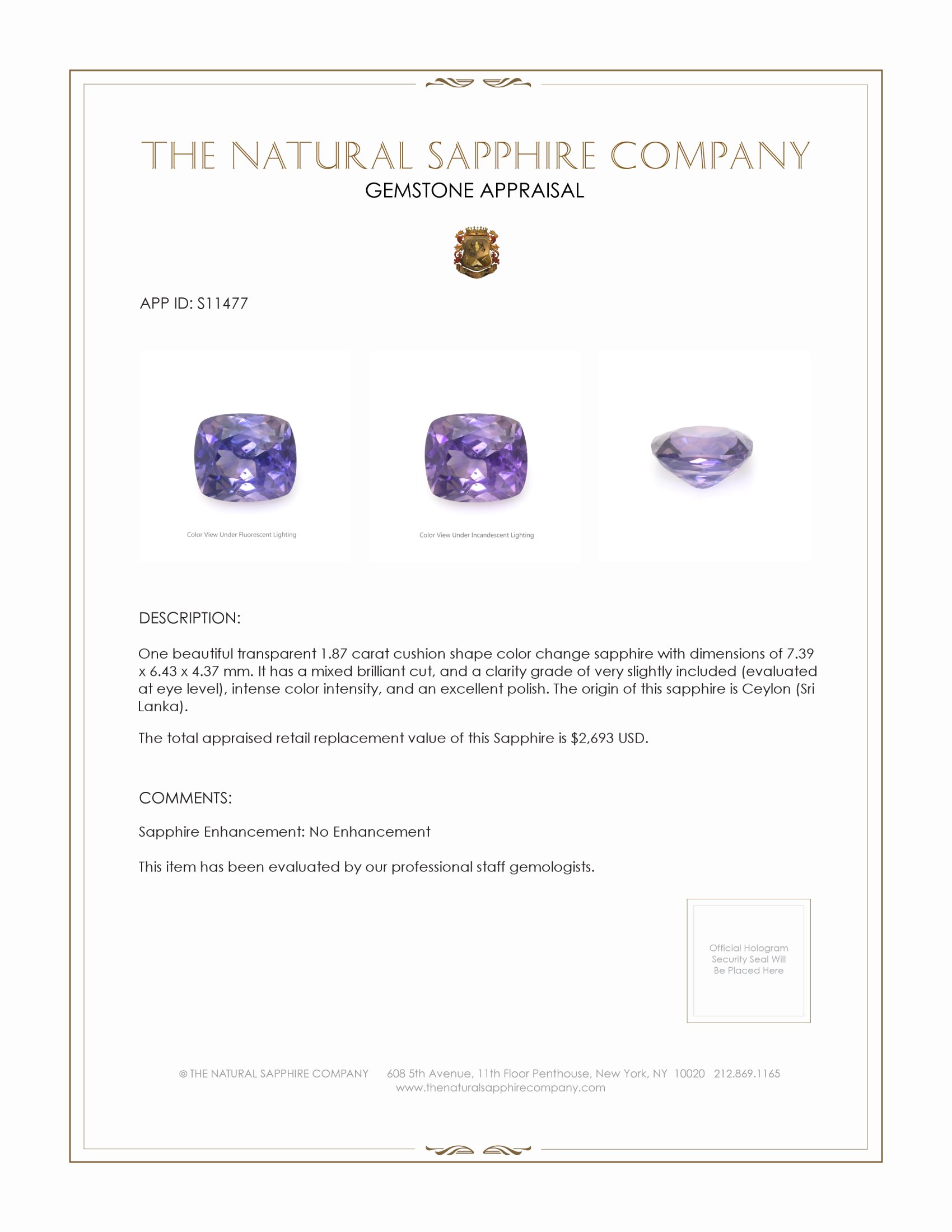 1.87 Ct. Color Change Sapphire from Ceylon (Sri Lanka)