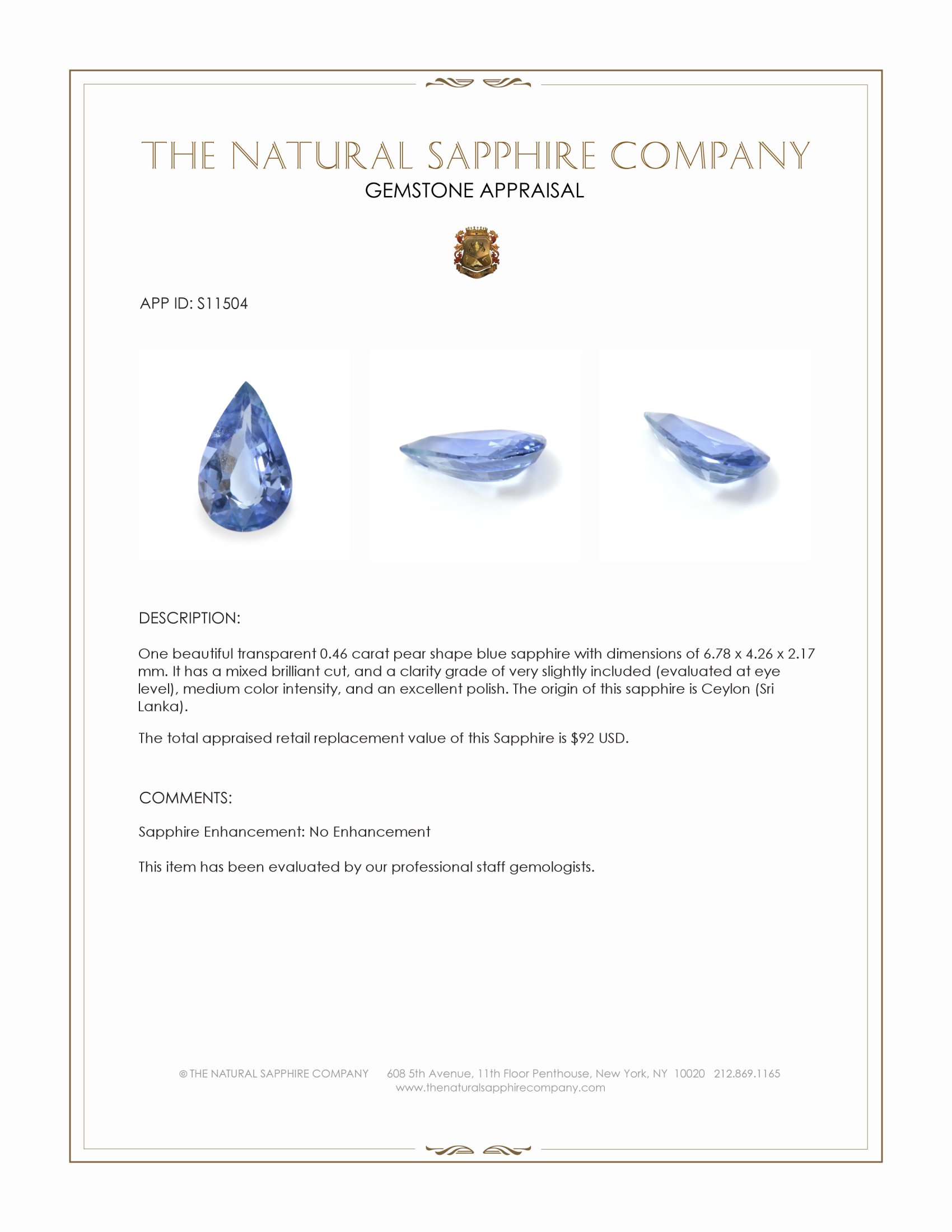 0.46 Ct. Blue Sapphire from Ceylon (Sri Lanka)