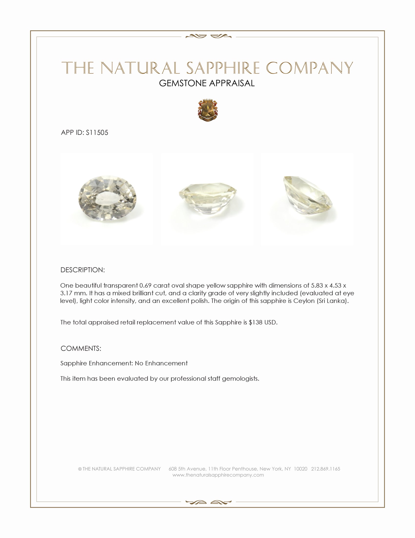 0.69 Ct. Yellow Sapphire from Ceylon (Sri Lanka)