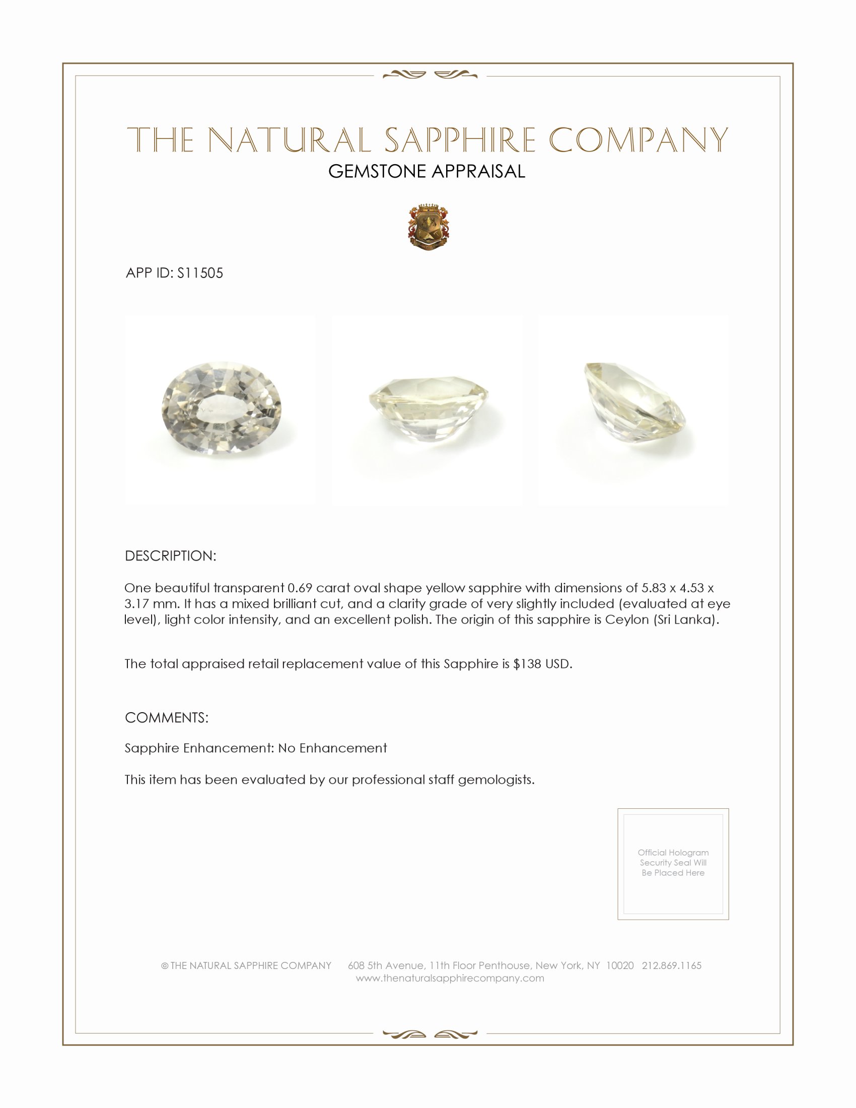 0.69 Ct. Yellow Sapphire from Ceylon (Sri Lanka)