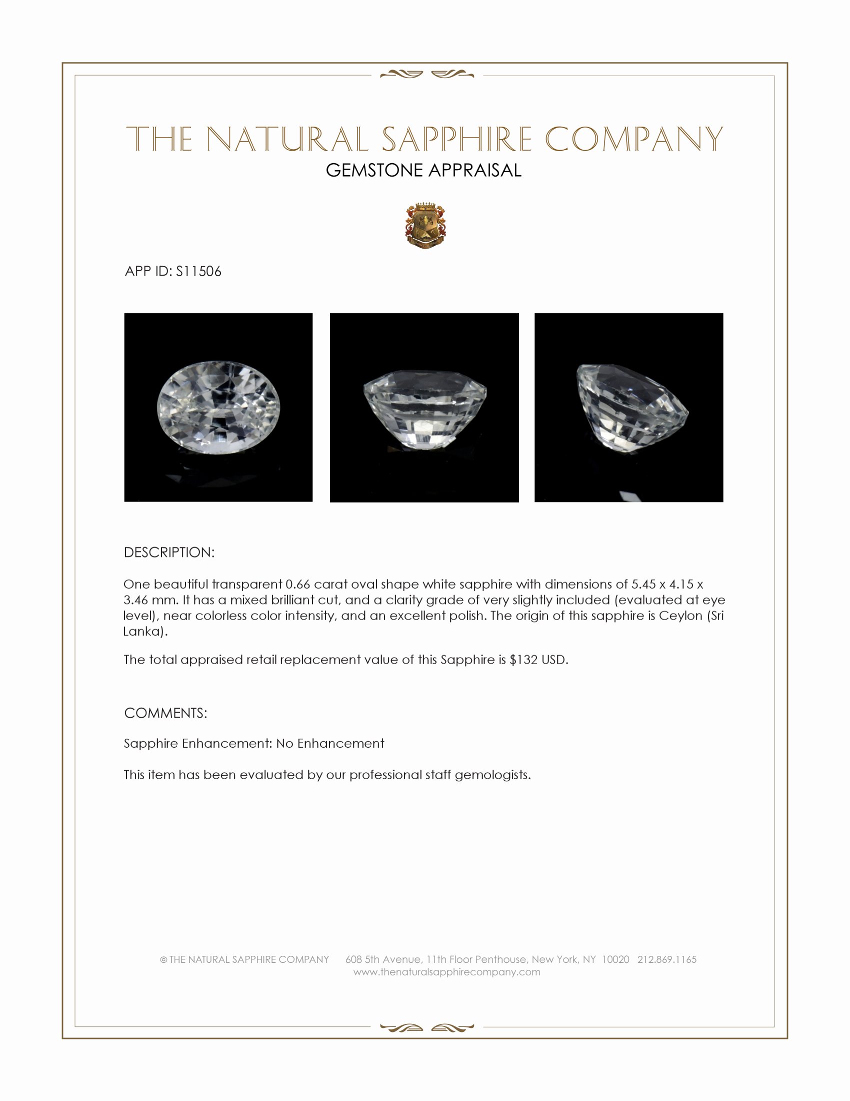 0.66 Ct. White Sapphire from Ceylon (Sri Lanka)