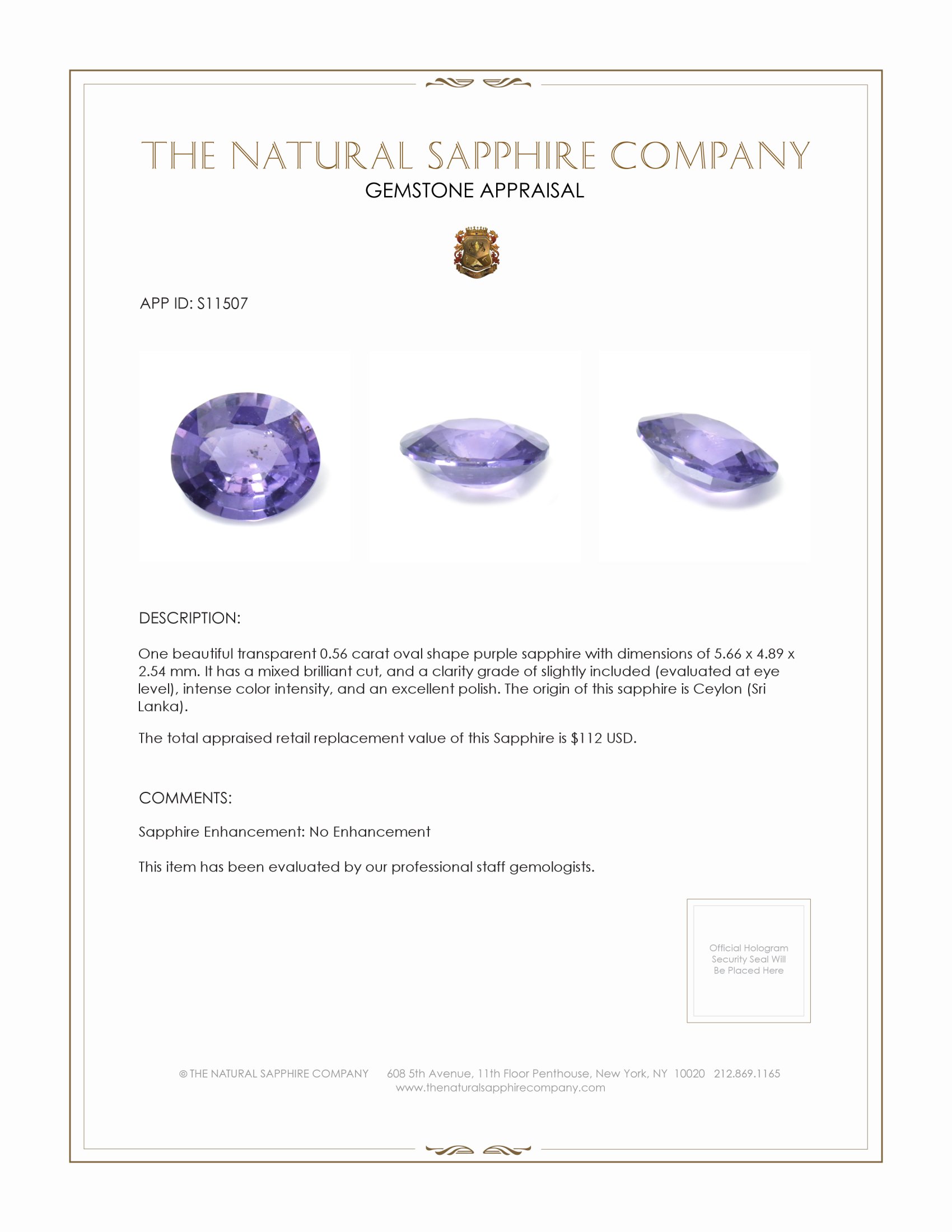 0.56 Ct. Purple Sapphire from Ceylon (Sri Lanka)