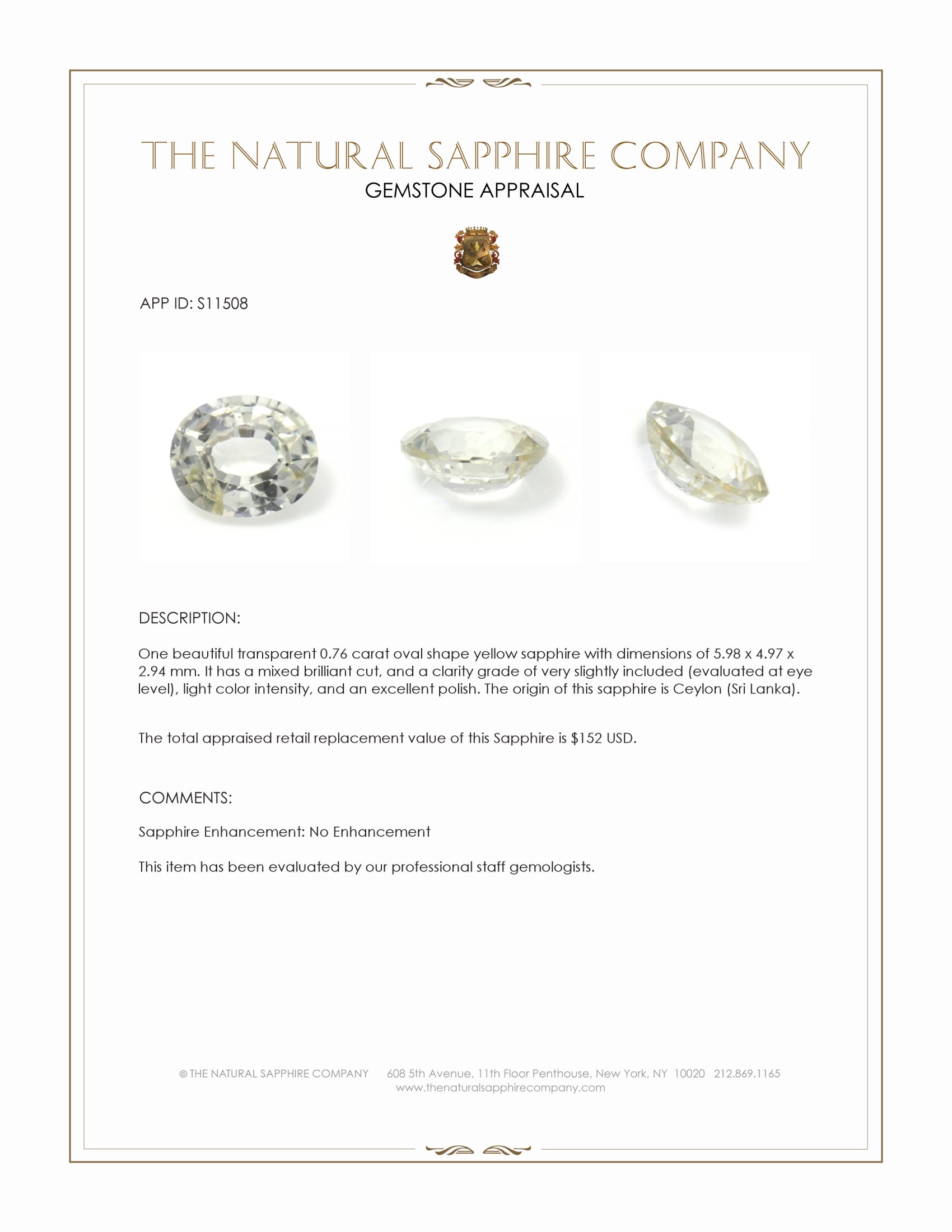 0.76 Ct. Yellow Sapphire from Ceylon (Sri Lanka)