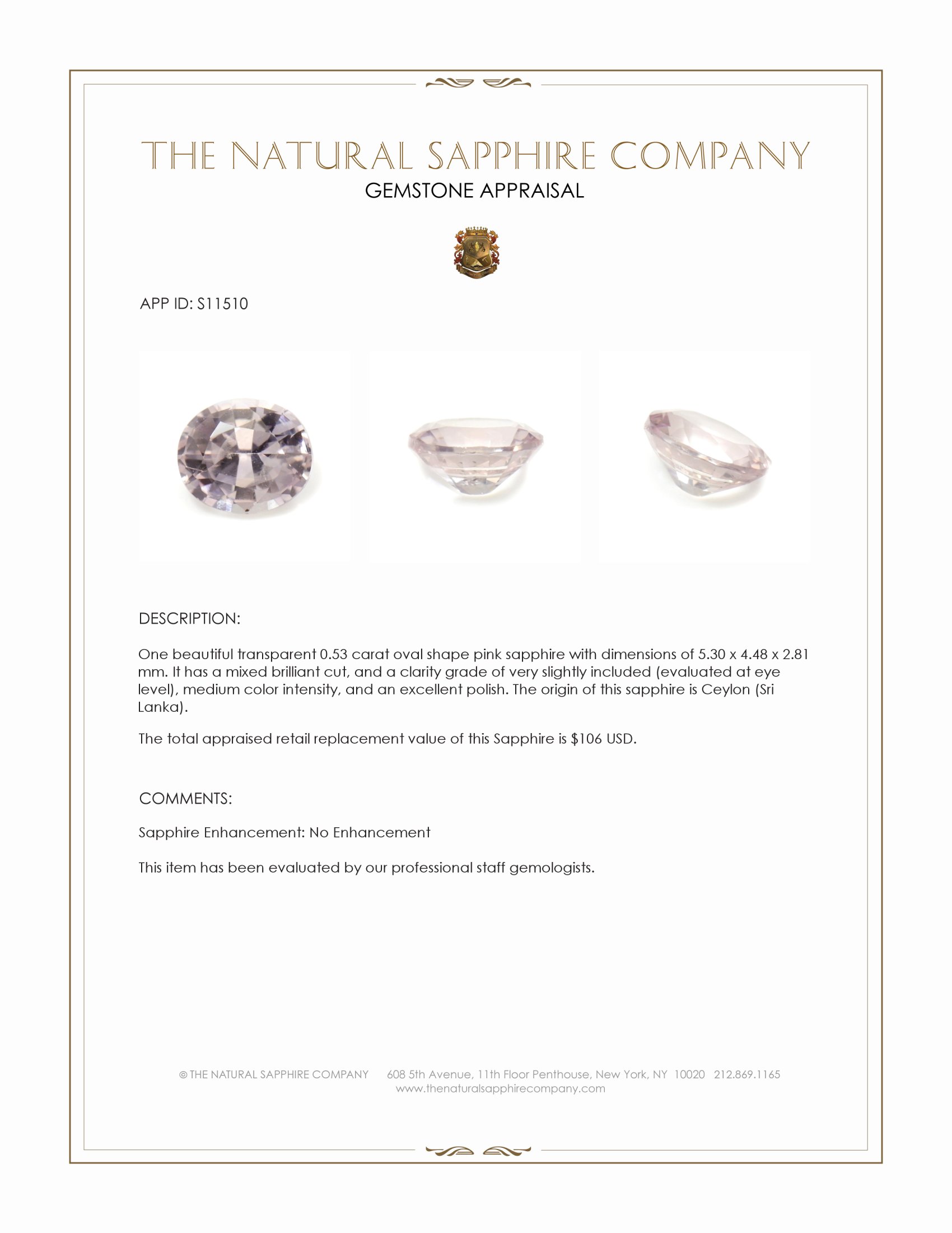 0.53 Ct. Pink Sapphire from Ceylon (Sri Lanka)