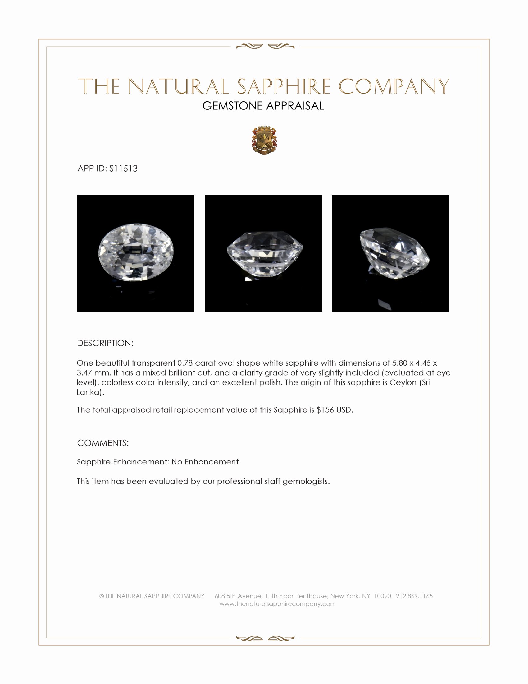 0.78 Ct. White Sapphire from Ceylon (Sri Lanka)