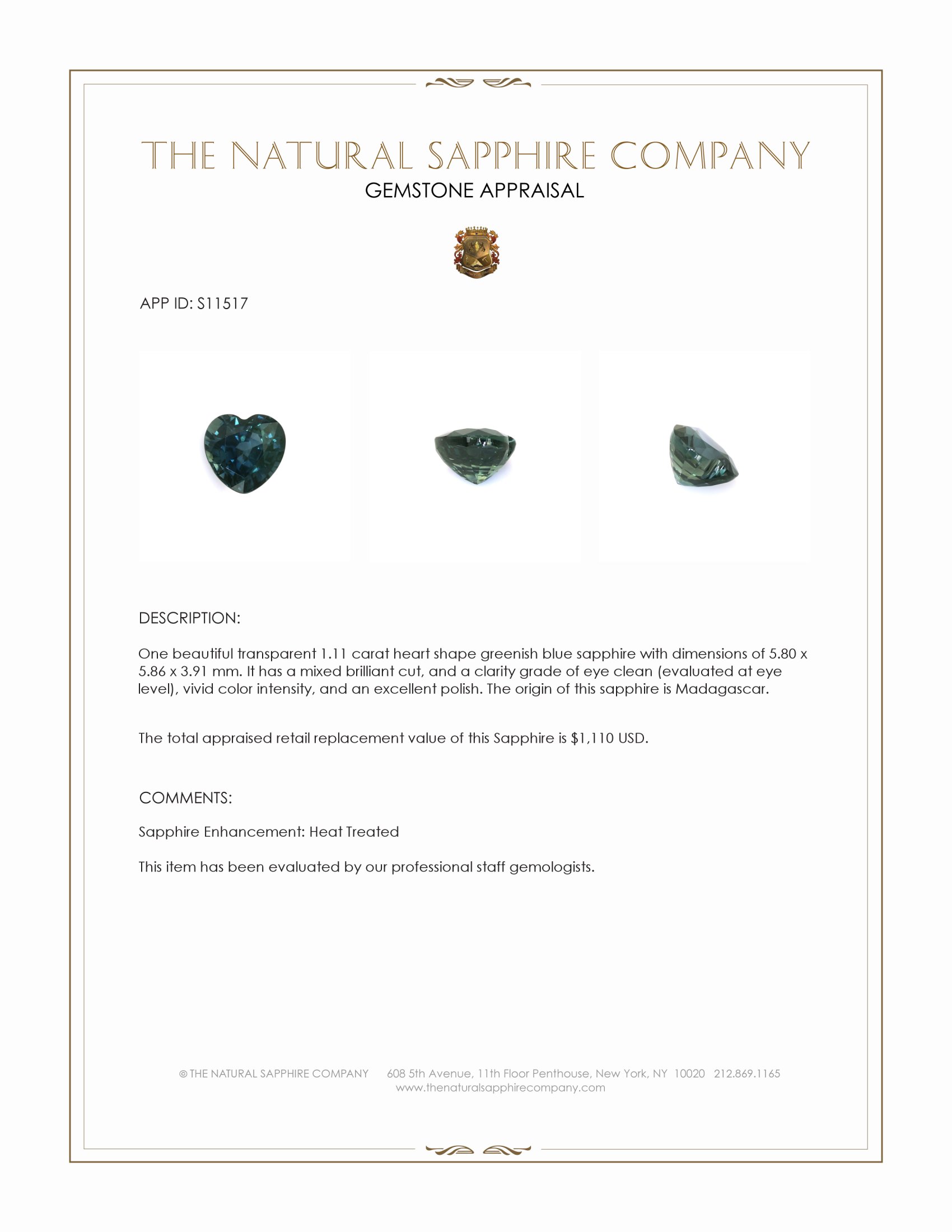 1.11 Ct. Greenish Blue Sapphire from Madagascar