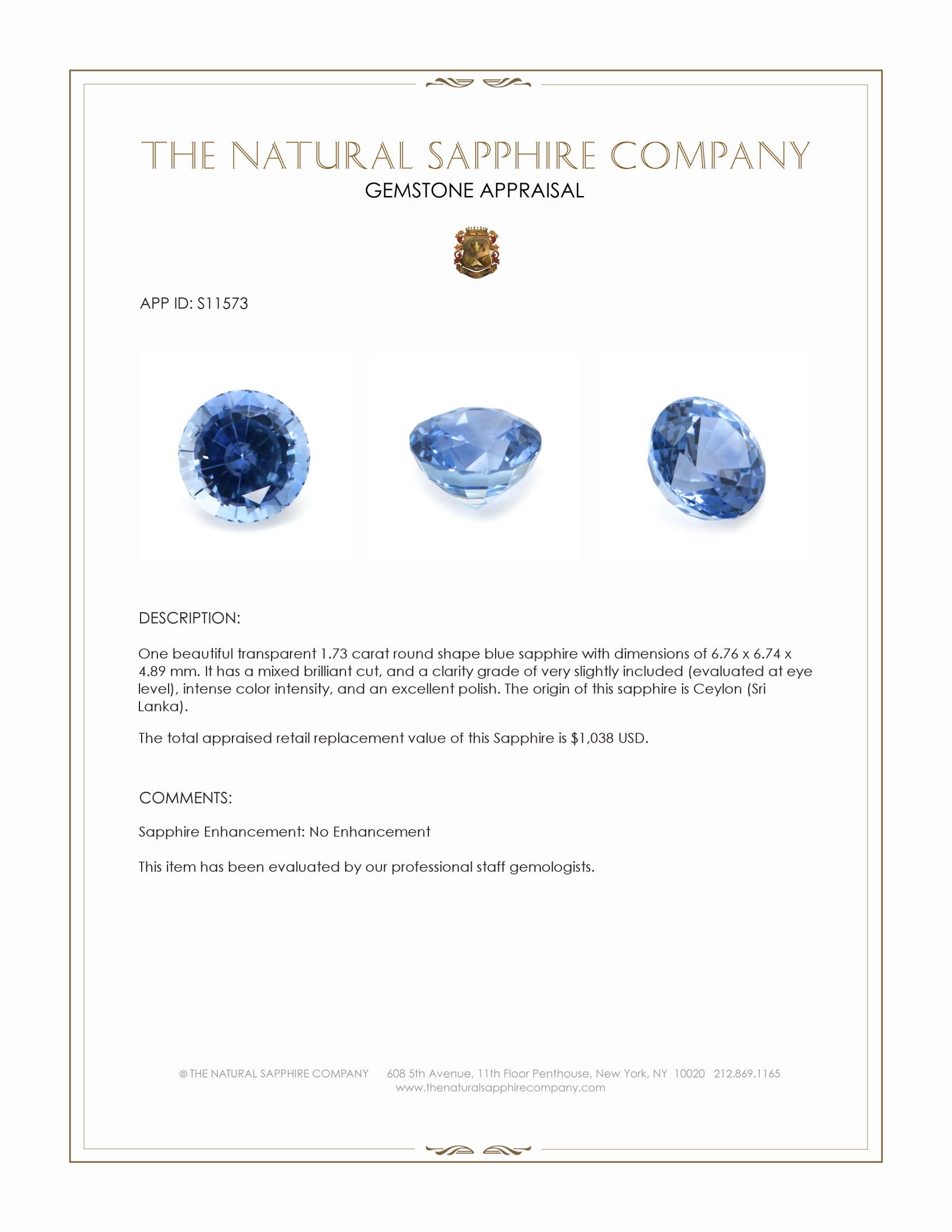 1.73 Ct. Blue Sapphire from Ceylon (Sri Lanka)