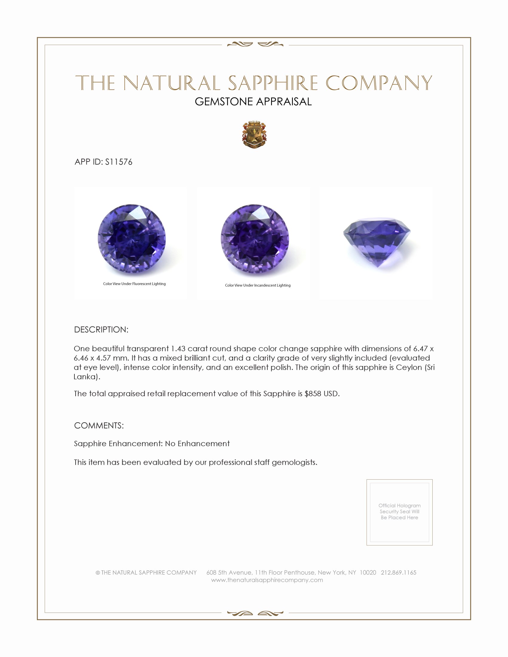 1.43 Ct. Color Change Sapphire from Ceylon (Sri Lanka)