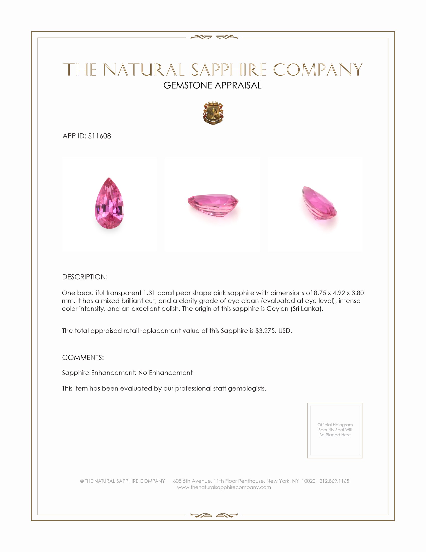 1.31 Ct. Pink Sapphire from Ceylon (Sri Lanka)