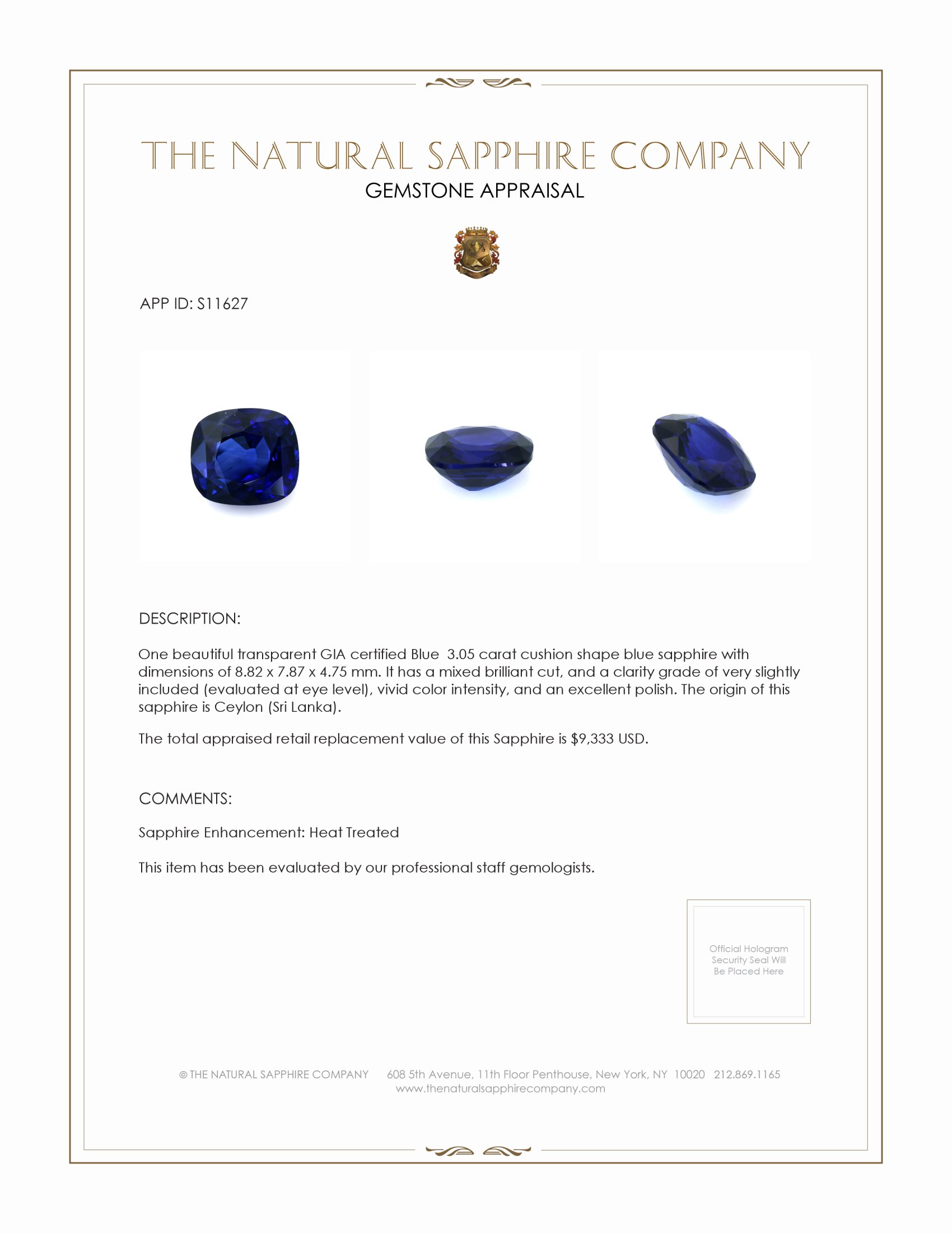 3.05 Ct. Blue Sapphire from Ceylon (Sri Lanka)