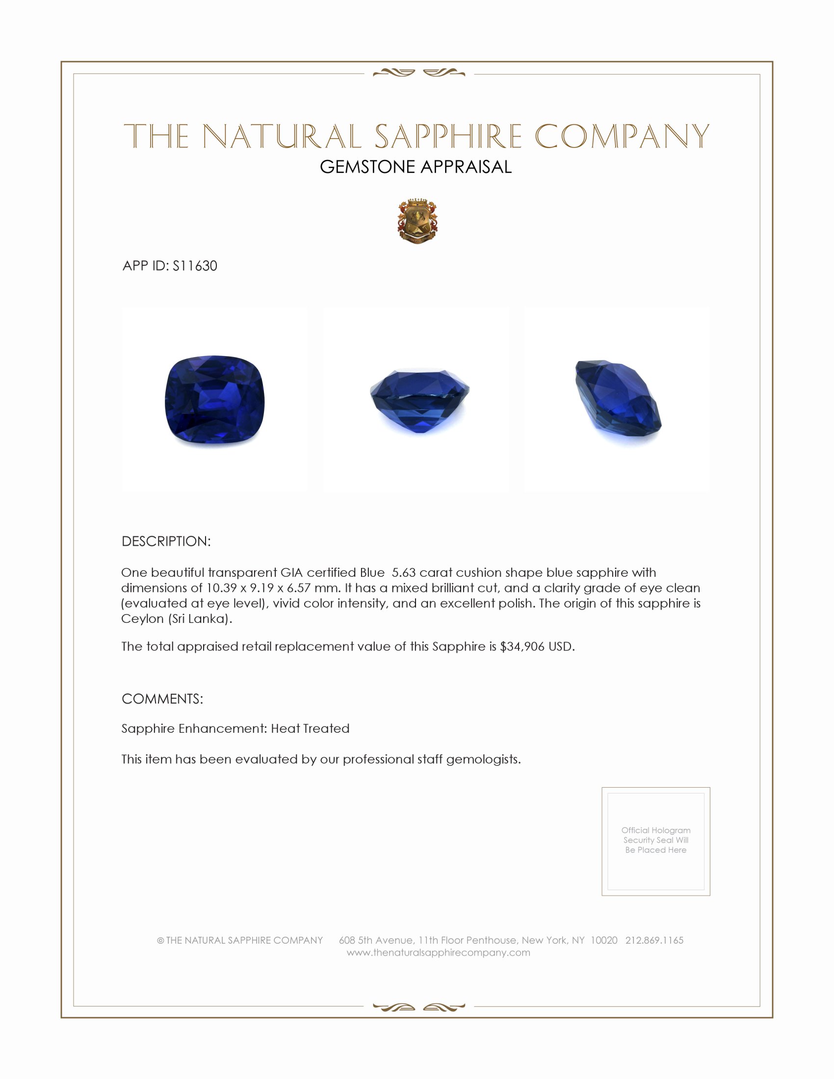 5.63 Ct. Blue Sapphire from Ceylon (Sri Lanka)