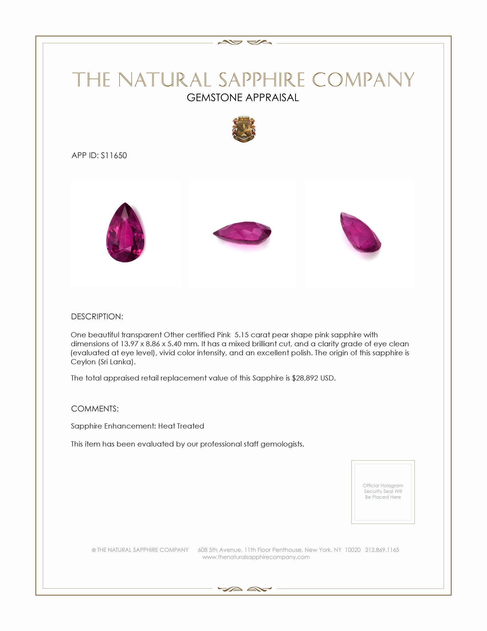 5.15 Ct. Pink Sapphire from Ceylon (Sri Lanka)