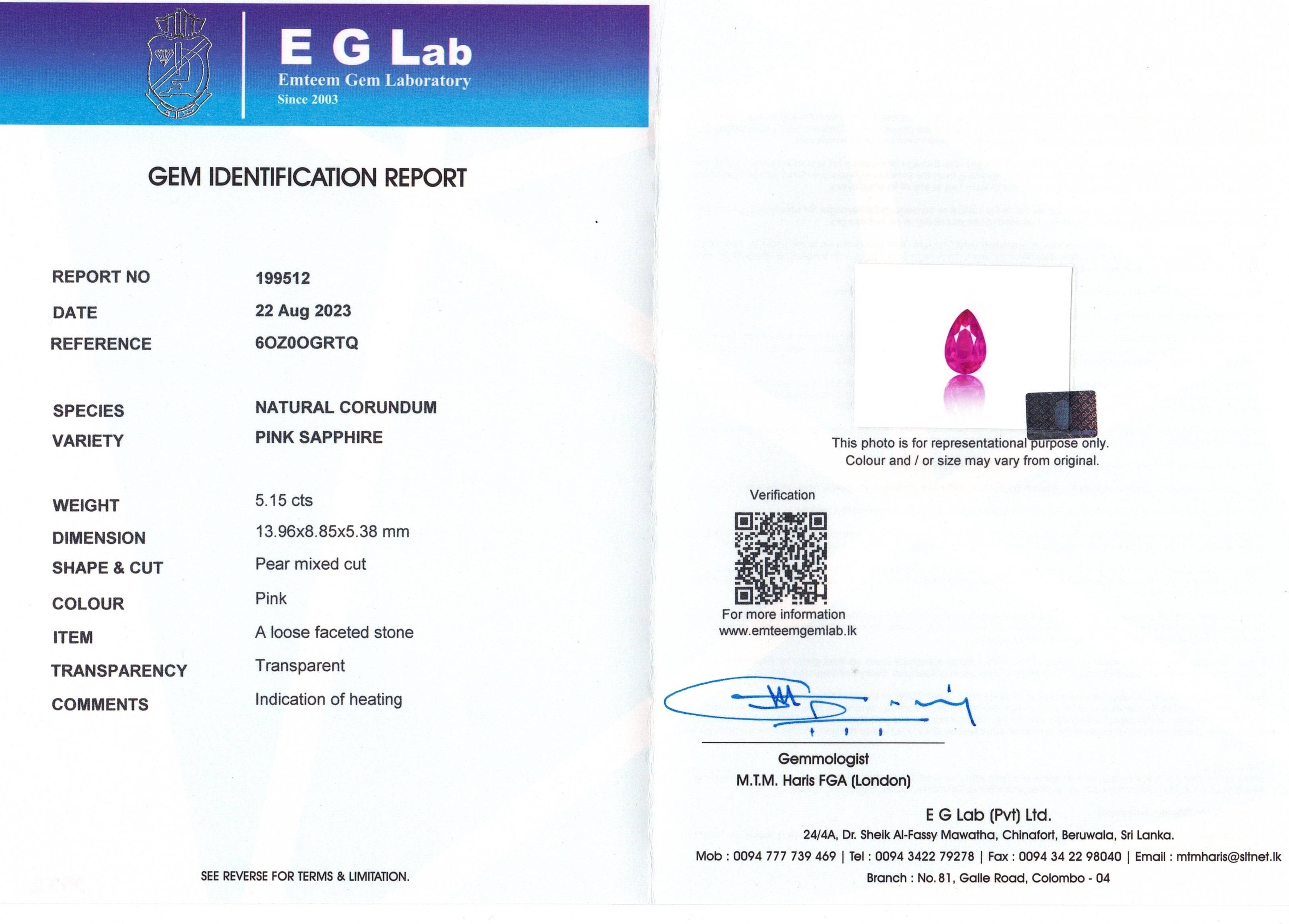 5.15 Ct. Pink Sapphire from Ceylon (Sri Lanka)