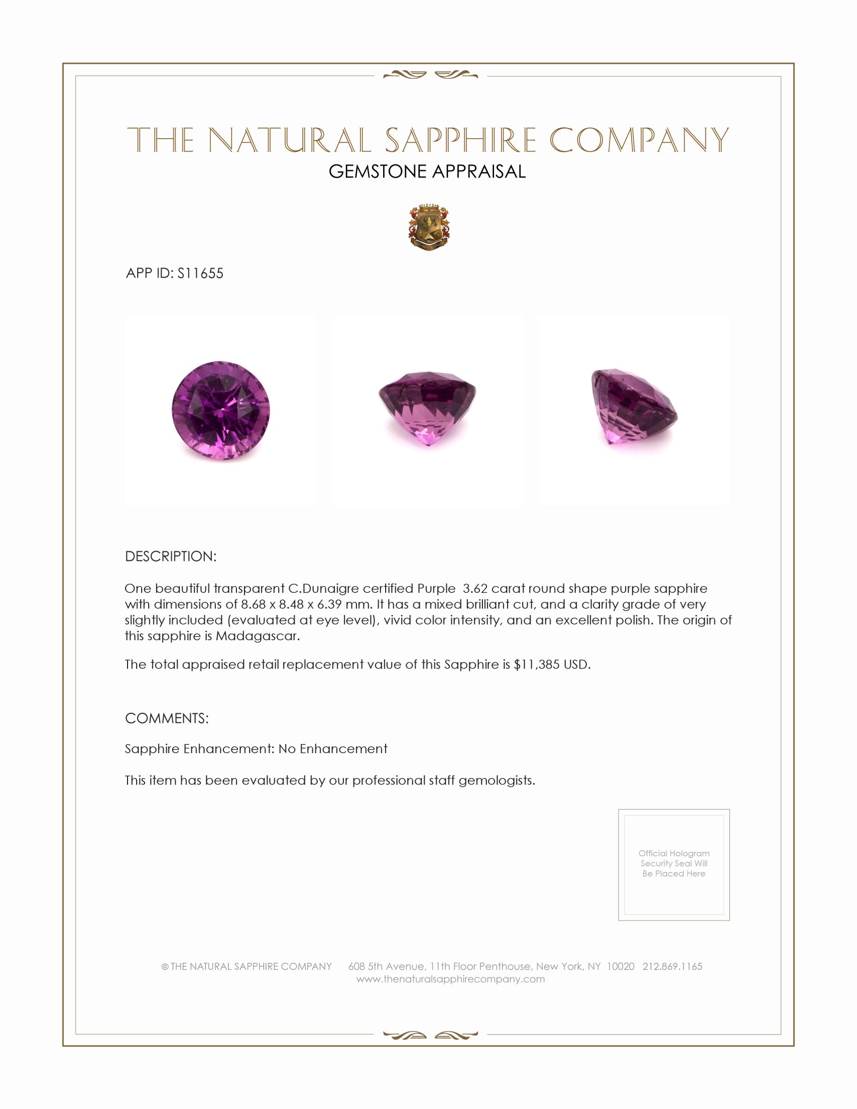 3.62 Ct. Purple Sapphire from Madagascar