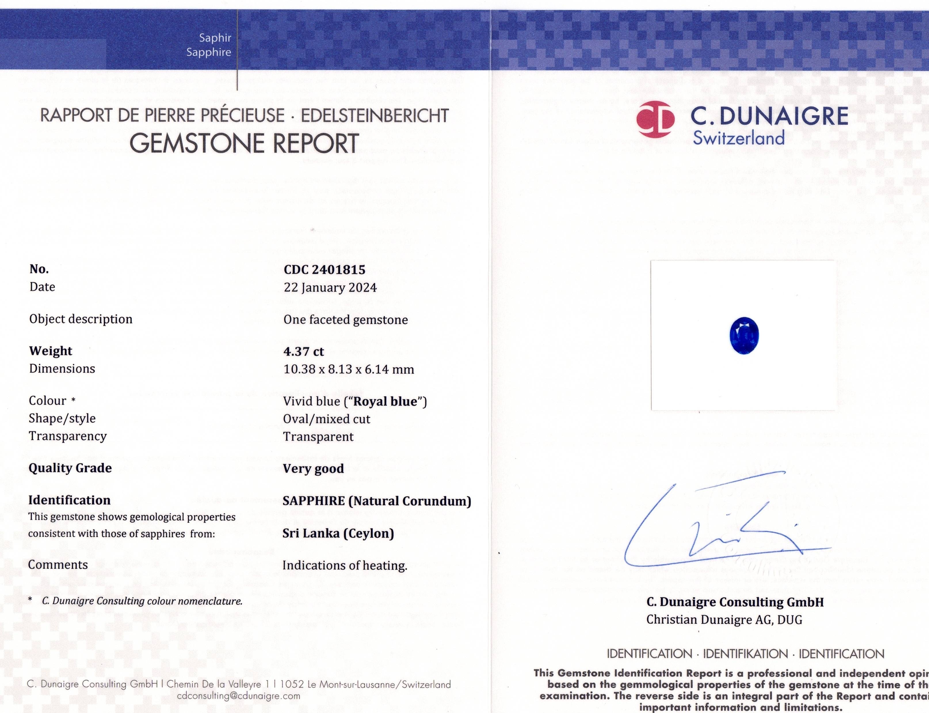 4.37 Ct. Blue Sapphire from Ceylon (Sri Lanka)