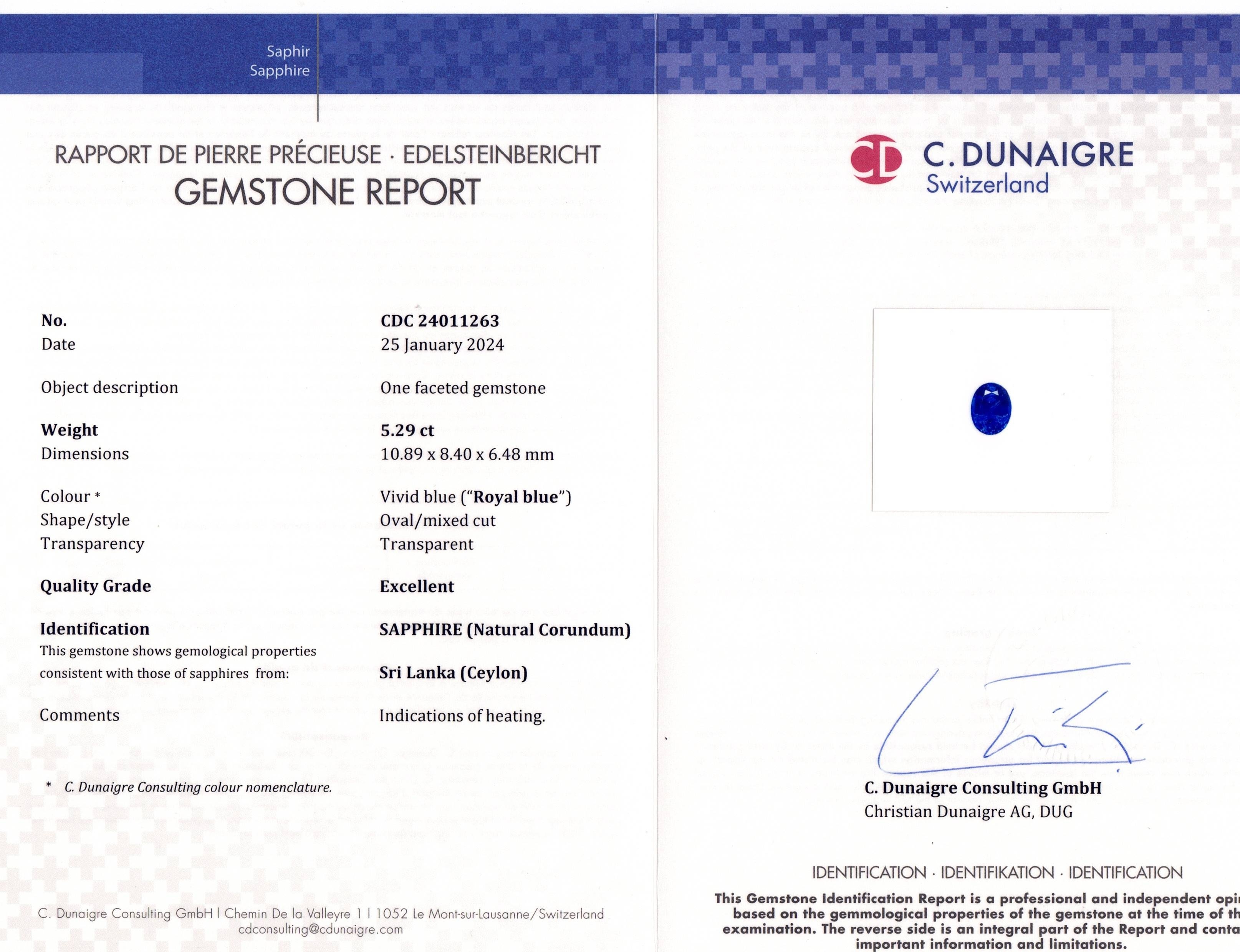 5.29 Ct. Blue Sapphire from Ceylon (Sri Lanka)