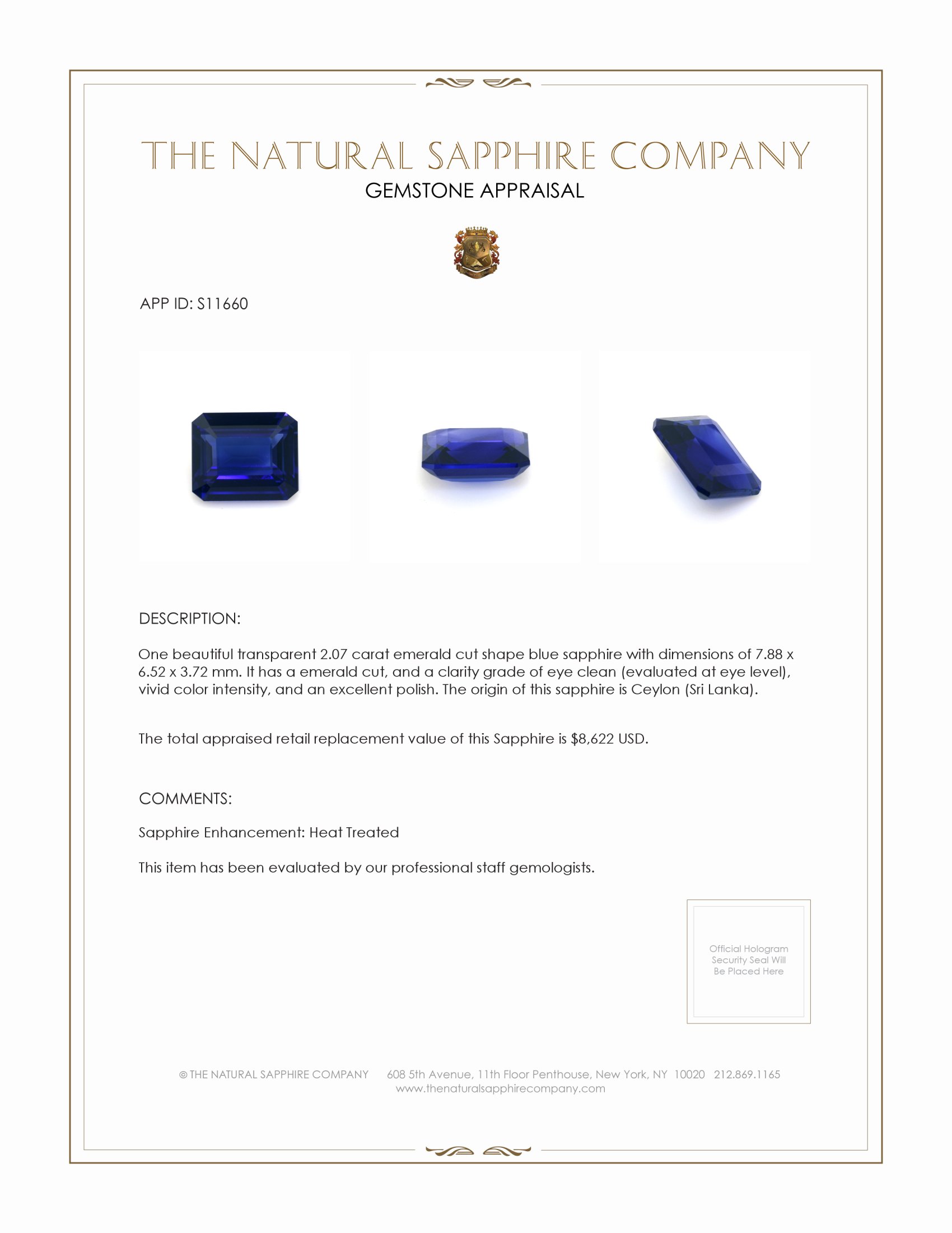2.07 Ct. Blue Sapphire from Ceylon (Sri Lanka)