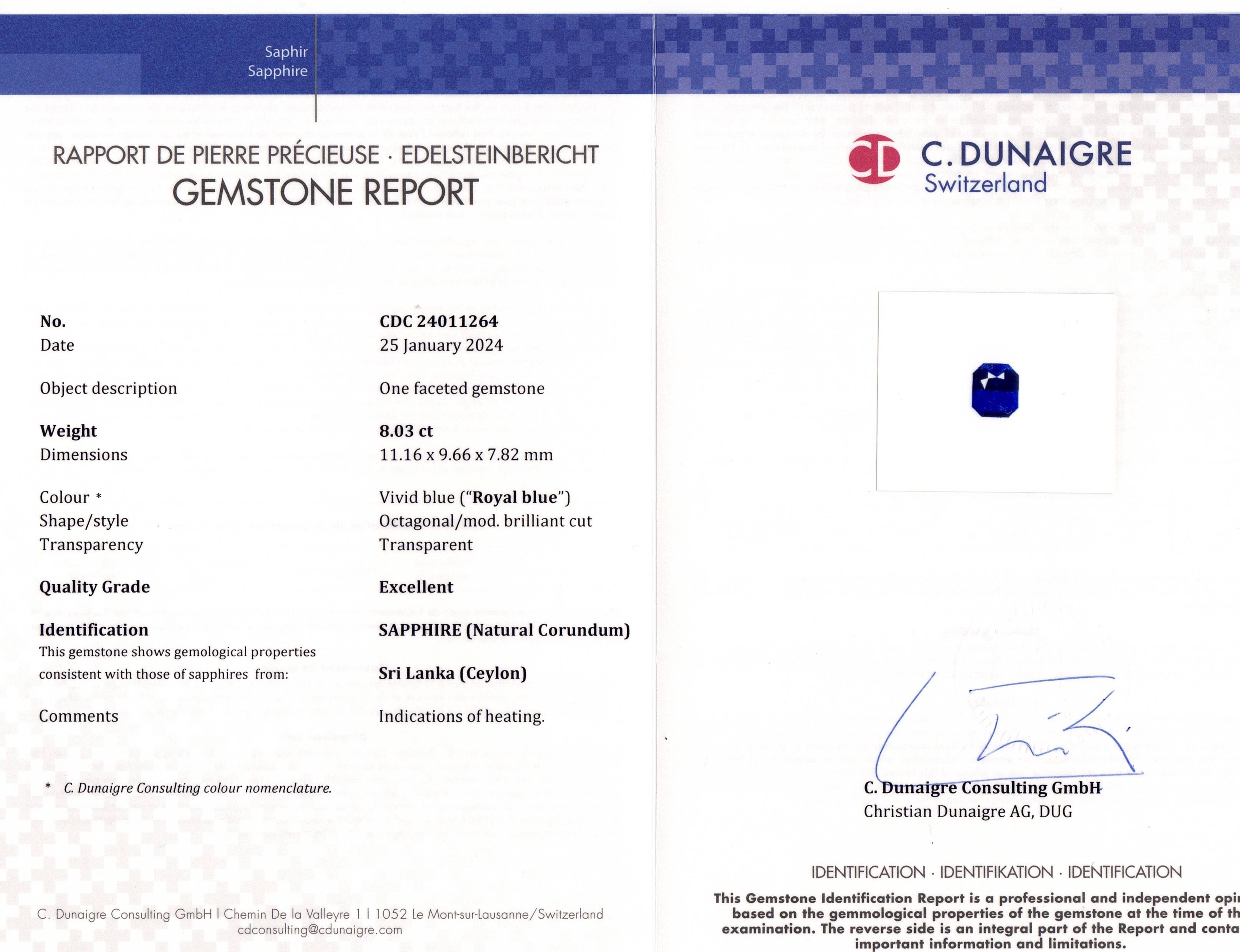 8.03 Ct. Blue Sapphire from Ceylon (Sri Lanka)