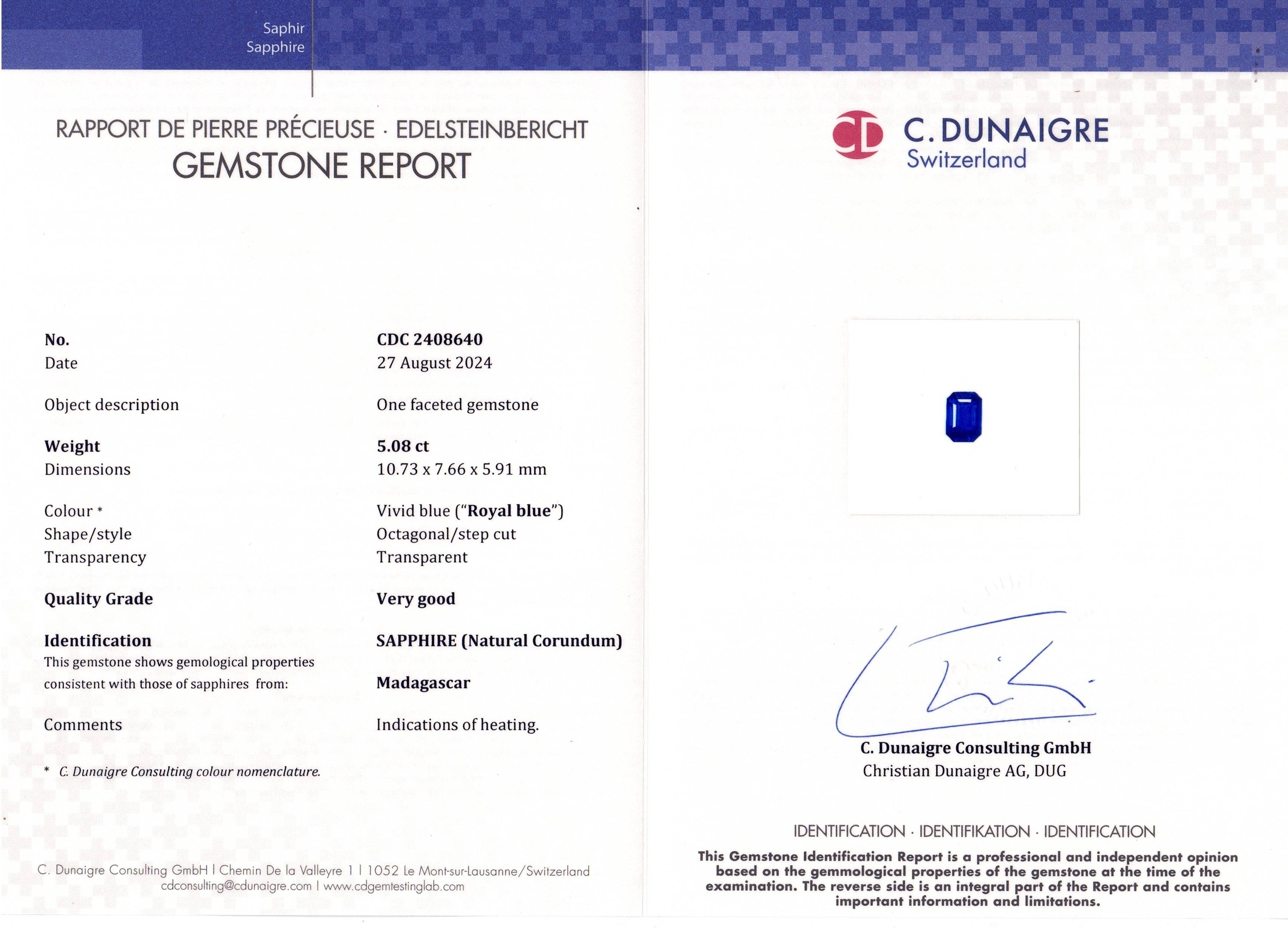 5.08 Ct. Blue Sapphire from Madagascar